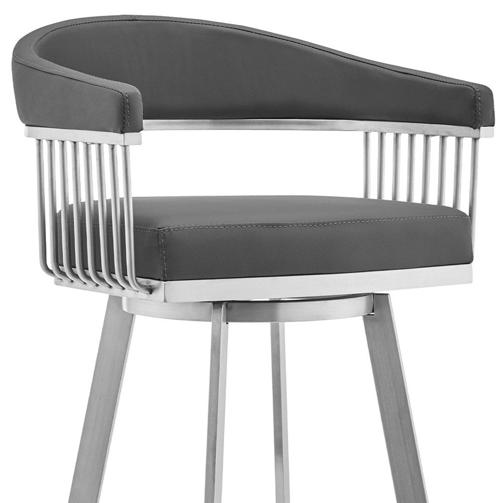 29" Gray And Silver Fabric And Iron Backless Bar Height Swivel Bar Chair