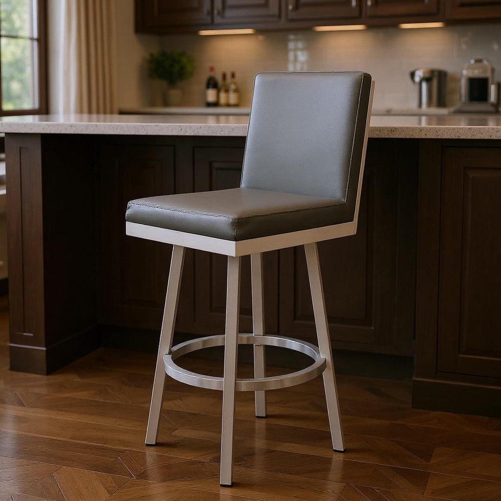 30" Gray And Silver Faux Leather And Iron Swivel Bar Height Bar Chair