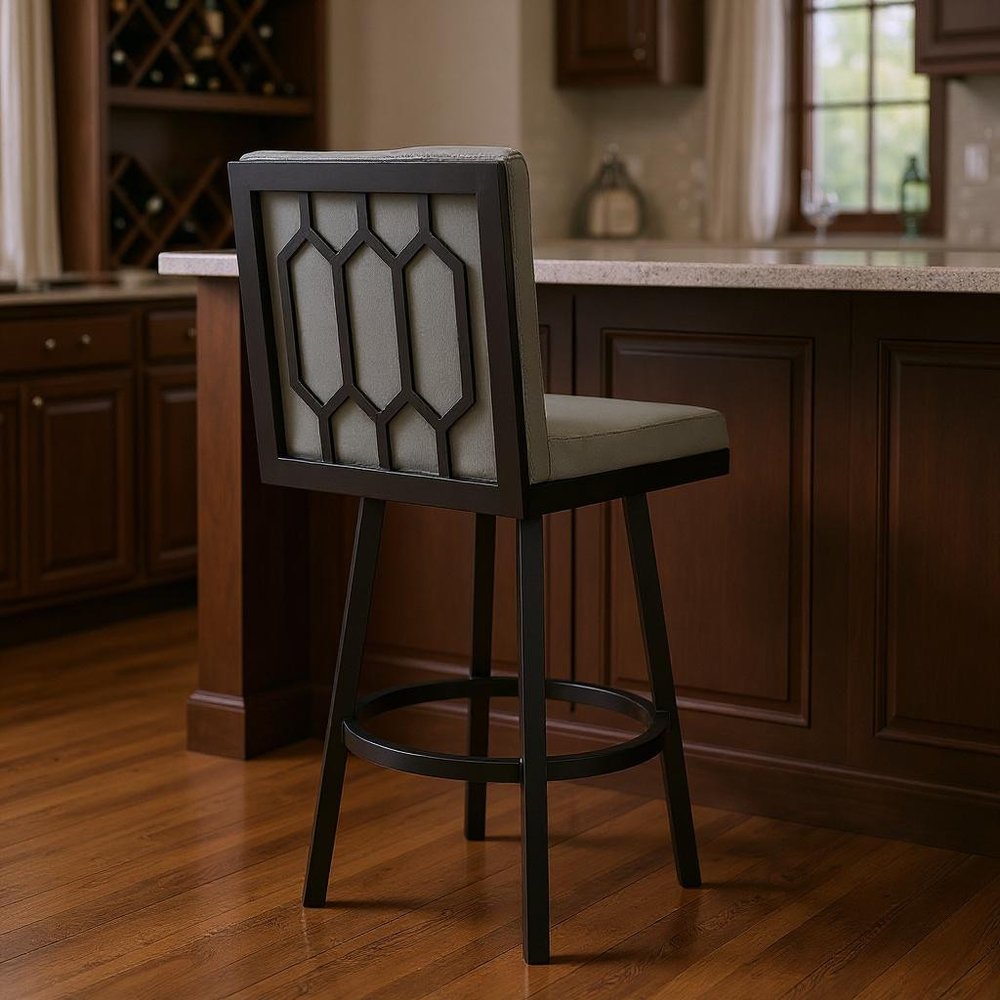 30" Gray And Black Faux Leather And Iron Swivel Bar Height Bar Chair