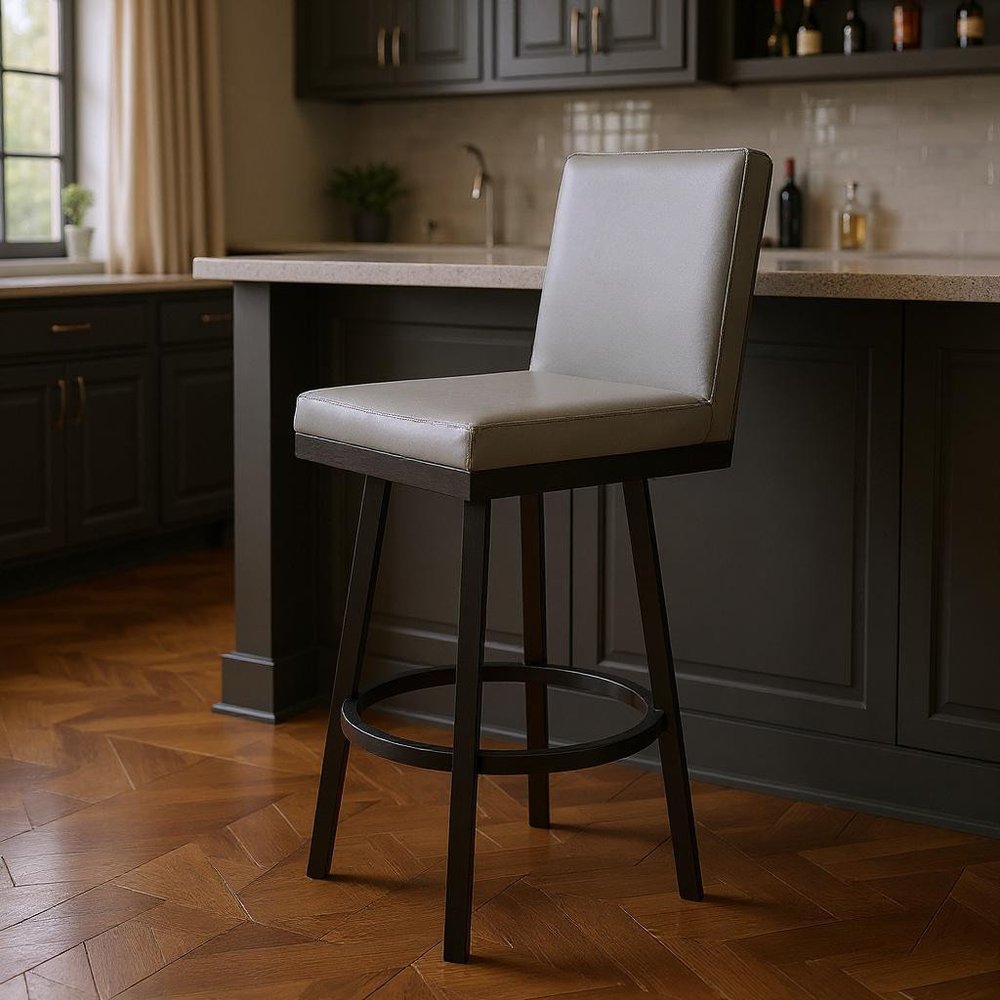 30" Gray And Black Faux Leather And Iron Swivel Bar Height Bar Chair