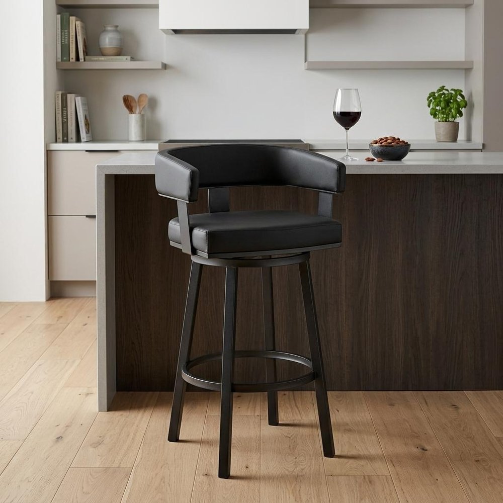 26" Black Faux Leather And Iron Swivel Low Back Counter Height Bar Chair
