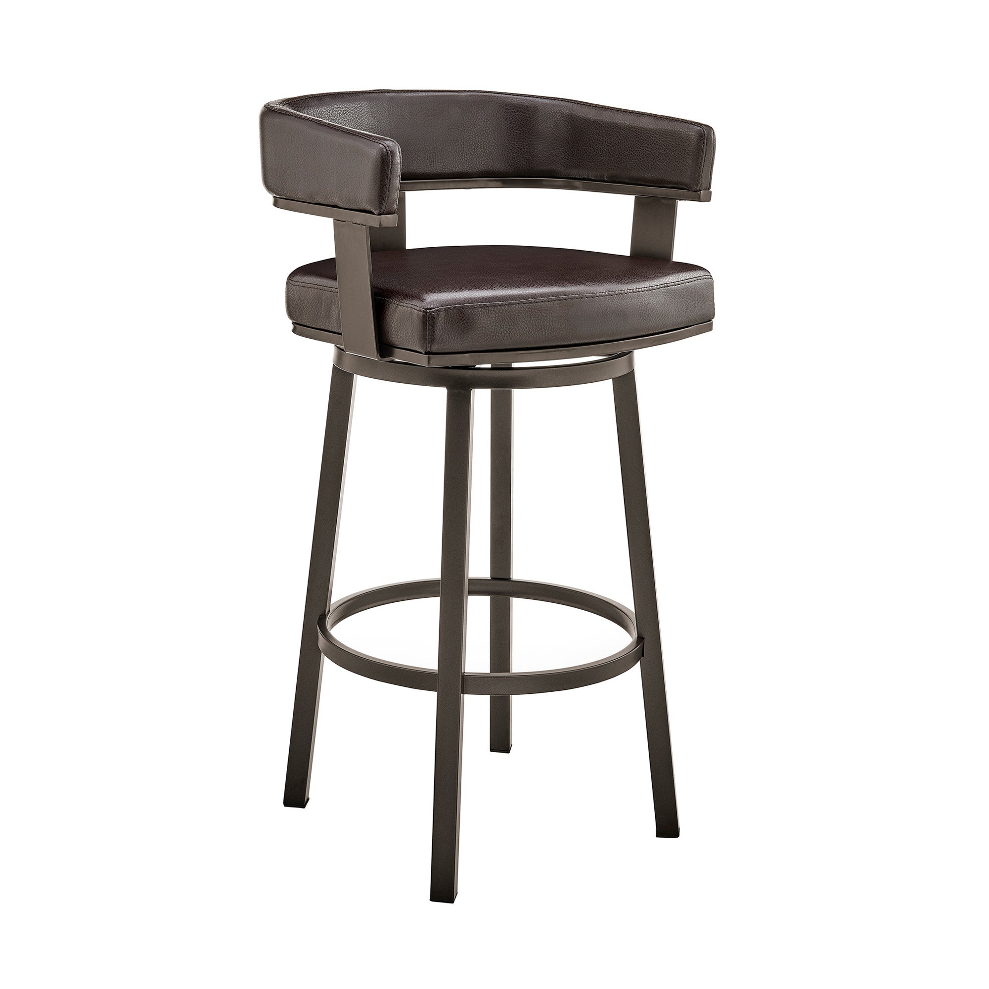 26" Chocolate And Gray Faux Leather And Faux Leather And Iron Low Back Counter Height Swivel Bar Chair