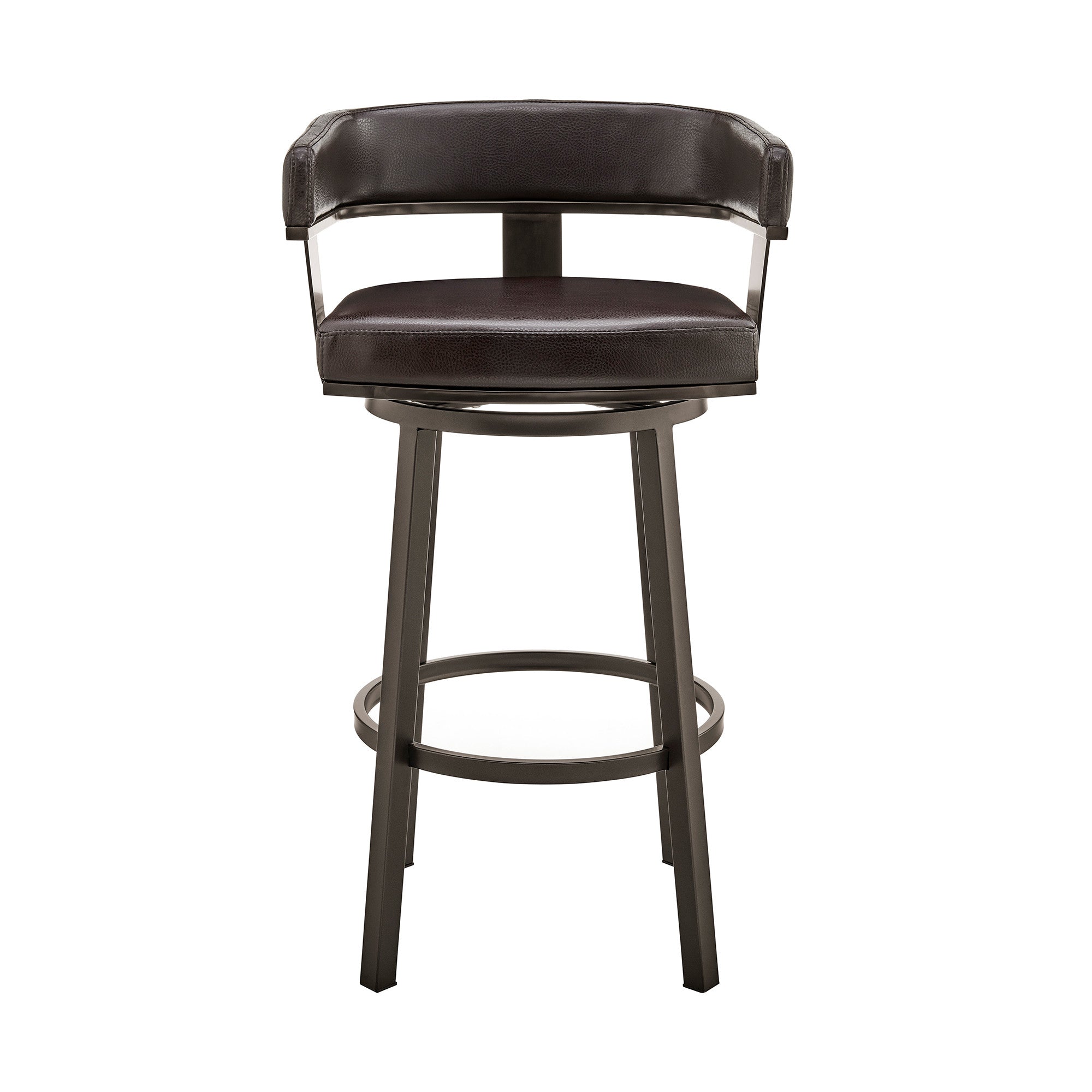 26" Chocolate And Gray Faux Leather And Faux Leather And Iron Low Back Counter Height Swivel Bar Chair