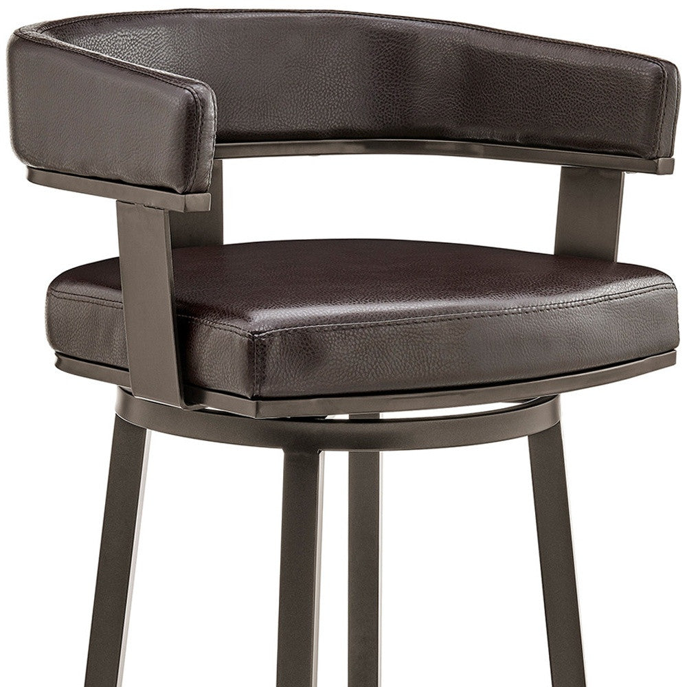 26" Chocolate And Gray Faux Leather And Faux Leather And Iron Low Back Counter Height Swivel Bar Chair