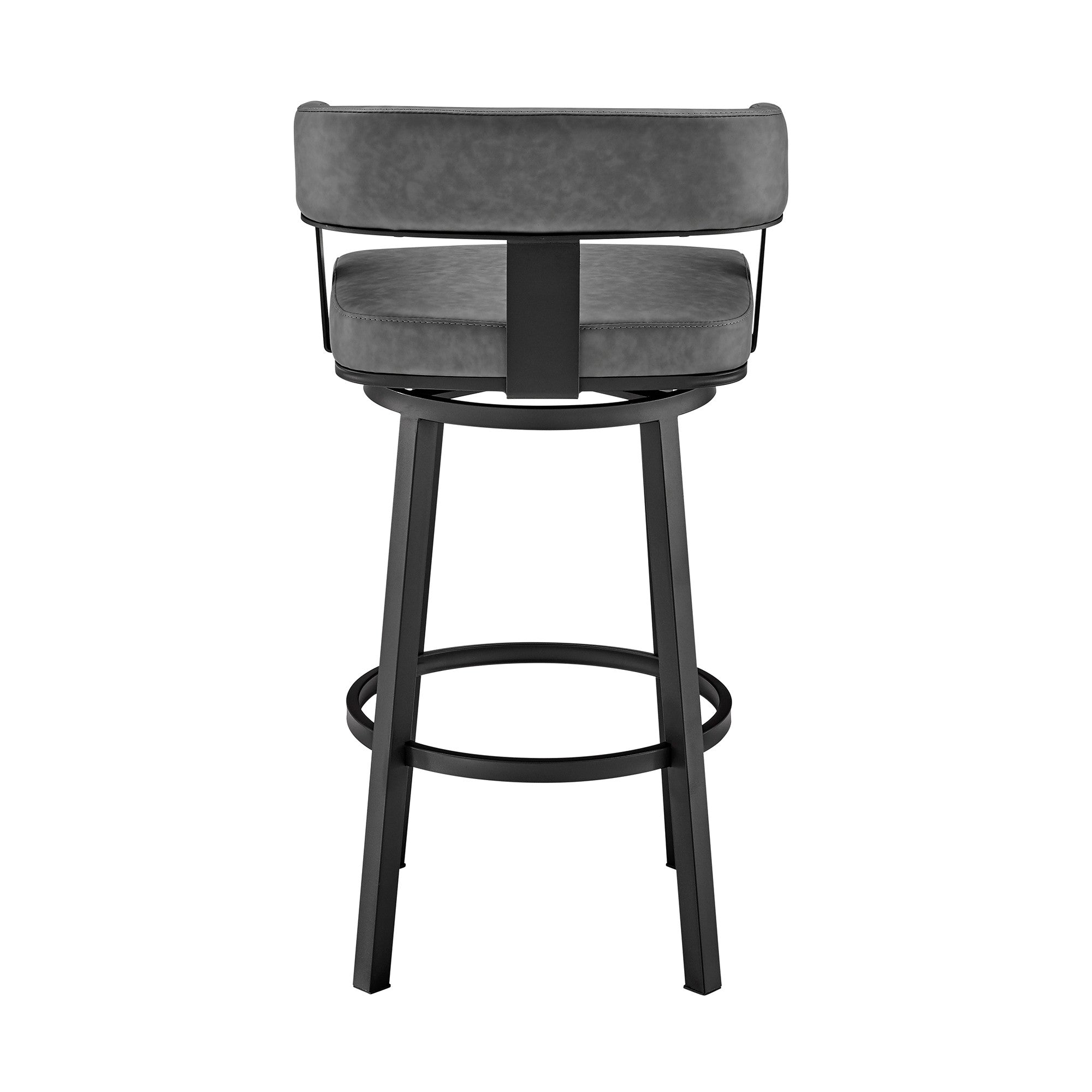 26" Gray And Black Faux Leather And Fabric And Iron Low Back Counter Height Swivel Bar Chair