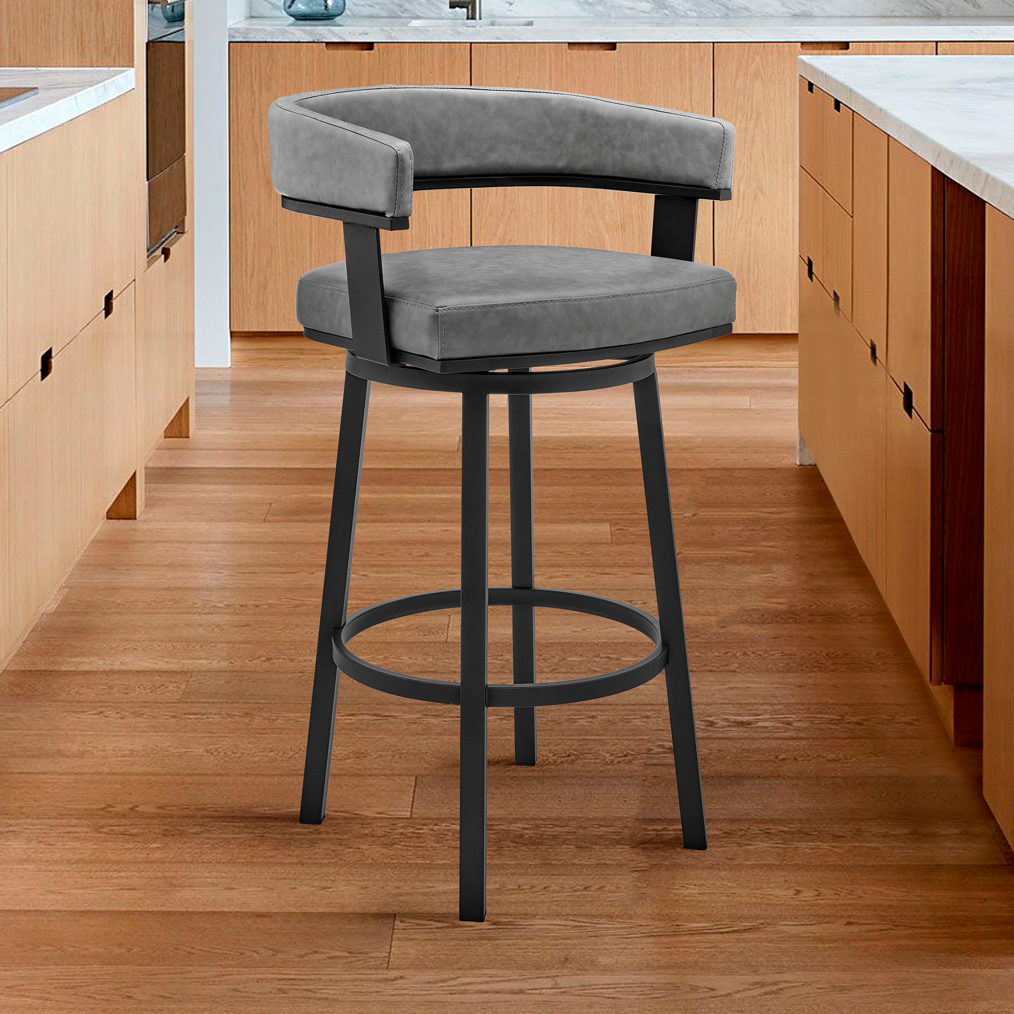 26" Gray And Black Faux Leather And Fabric And Iron Low Back Counter Height Swivel Bar Chair