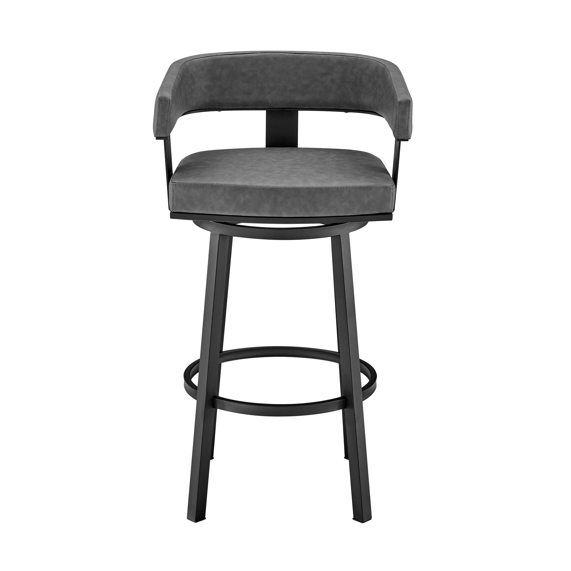 26" Gray And Black Faux Leather And Fabric And Iron Low Back Counter Height Swivel Bar Chair