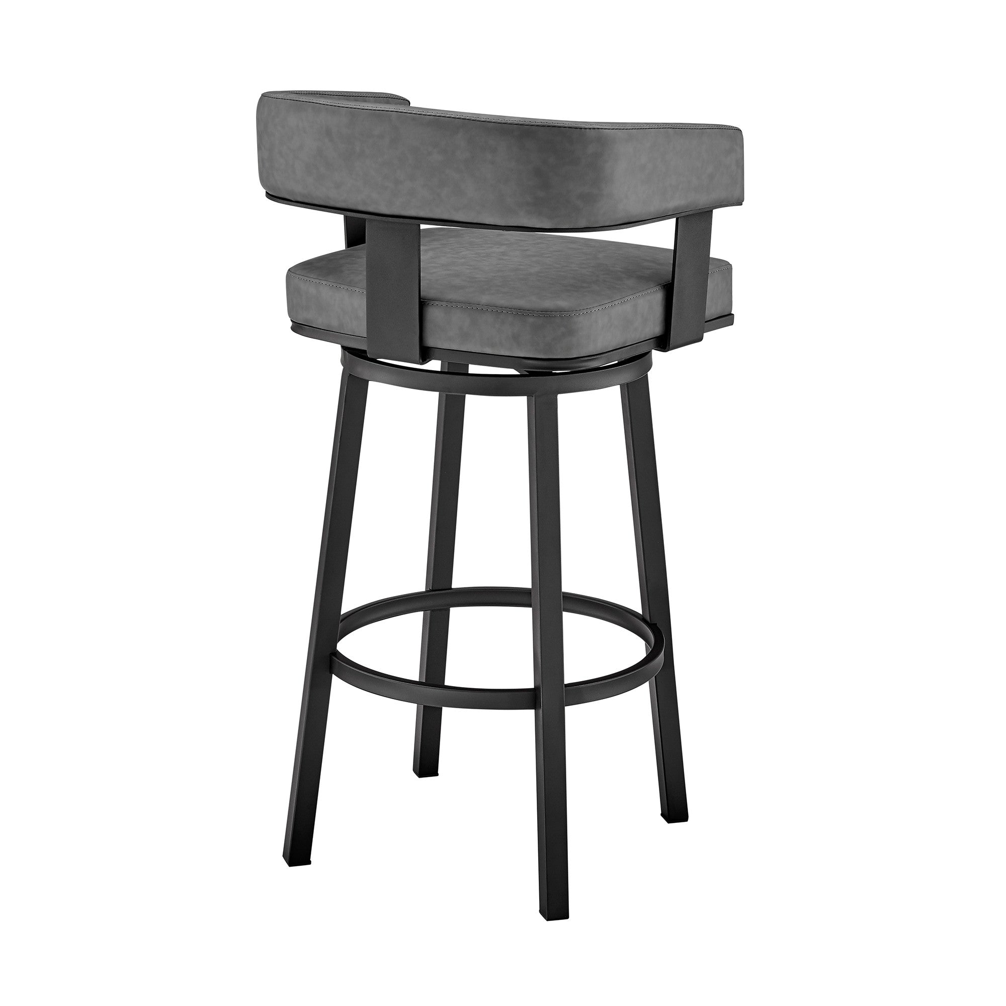 26" Gray And Black Faux Leather And Fabric And Iron Low Back Counter Height Swivel Bar Chair