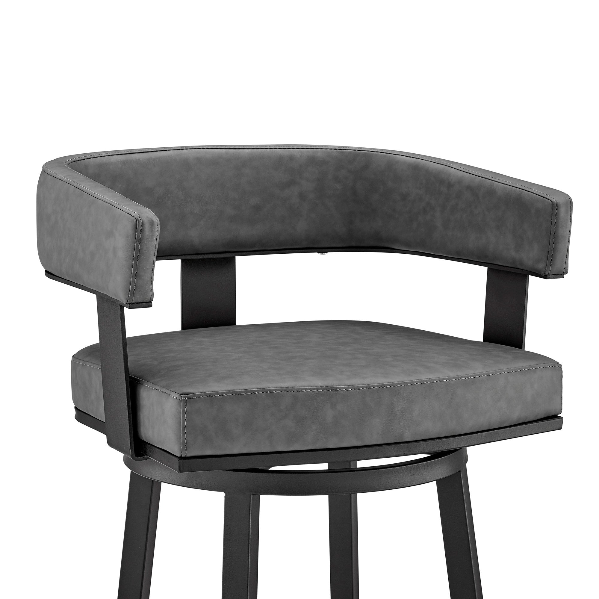 26" Gray And Black Faux Leather And Fabric And Iron Low Back Counter Height Swivel Bar Chair