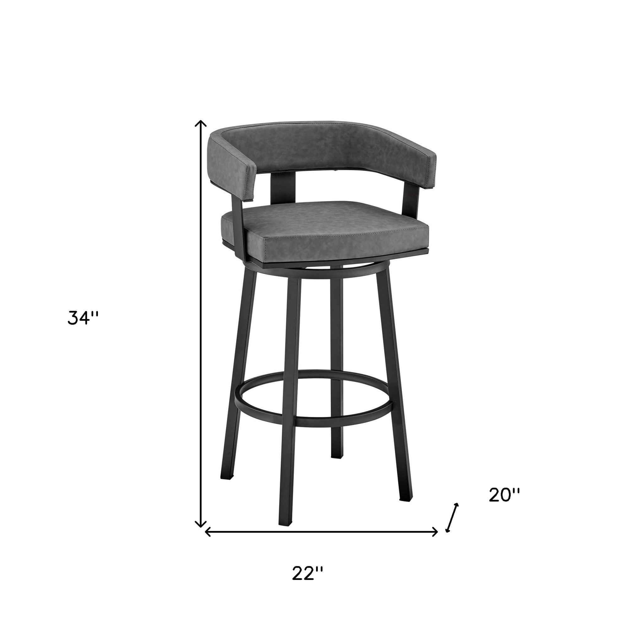 26" Gray And Black Faux Leather And Fabric And Iron Low Back Counter Height Swivel Bar Chair