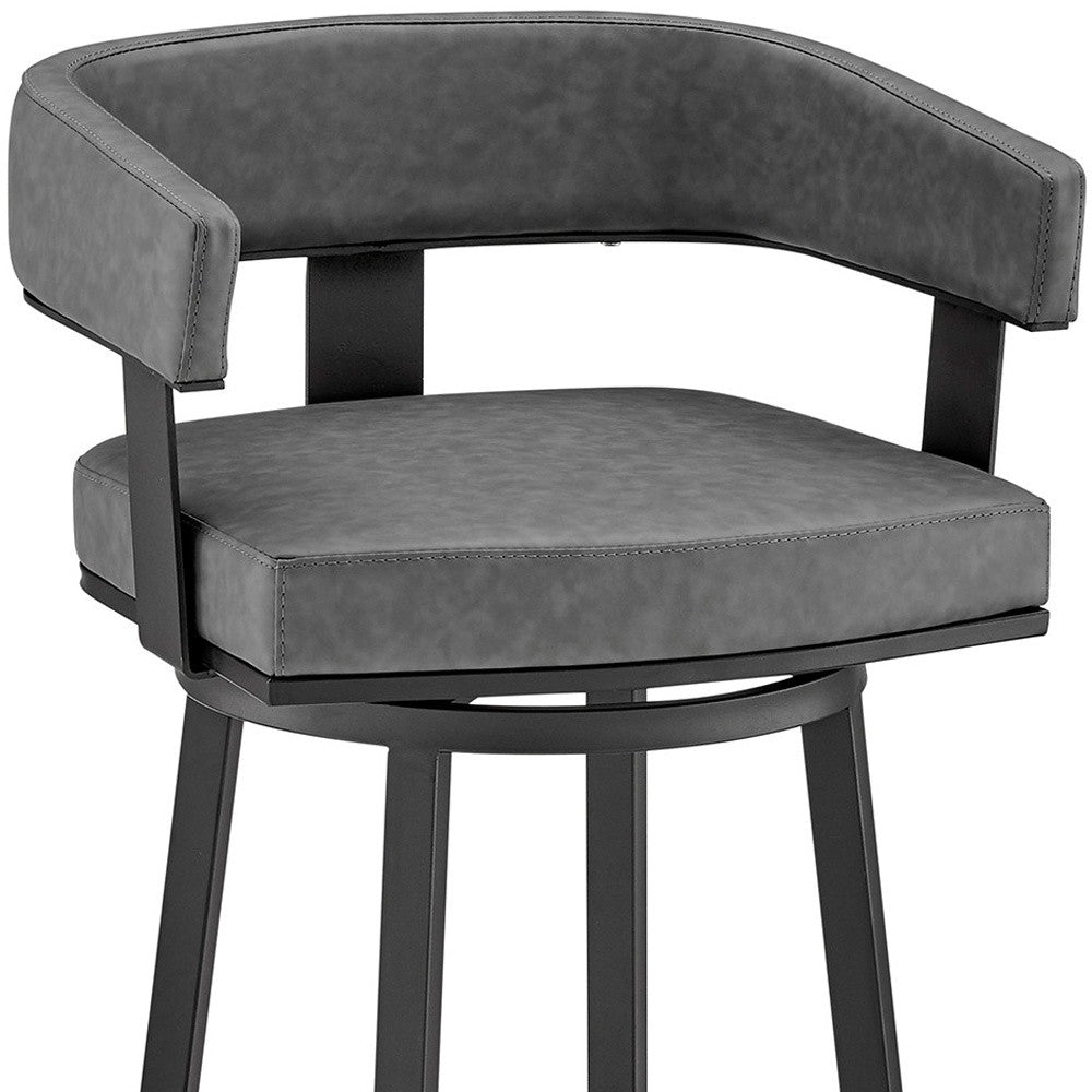 26" Gray And Black Faux Leather And Fabric And Iron Low Back Counter Height Swivel Bar Chair