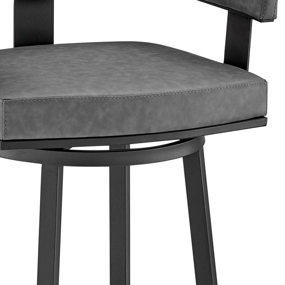 30" Gray and Black Faux Leather and Iron Low Back Bar Height Swivel Bar Chair