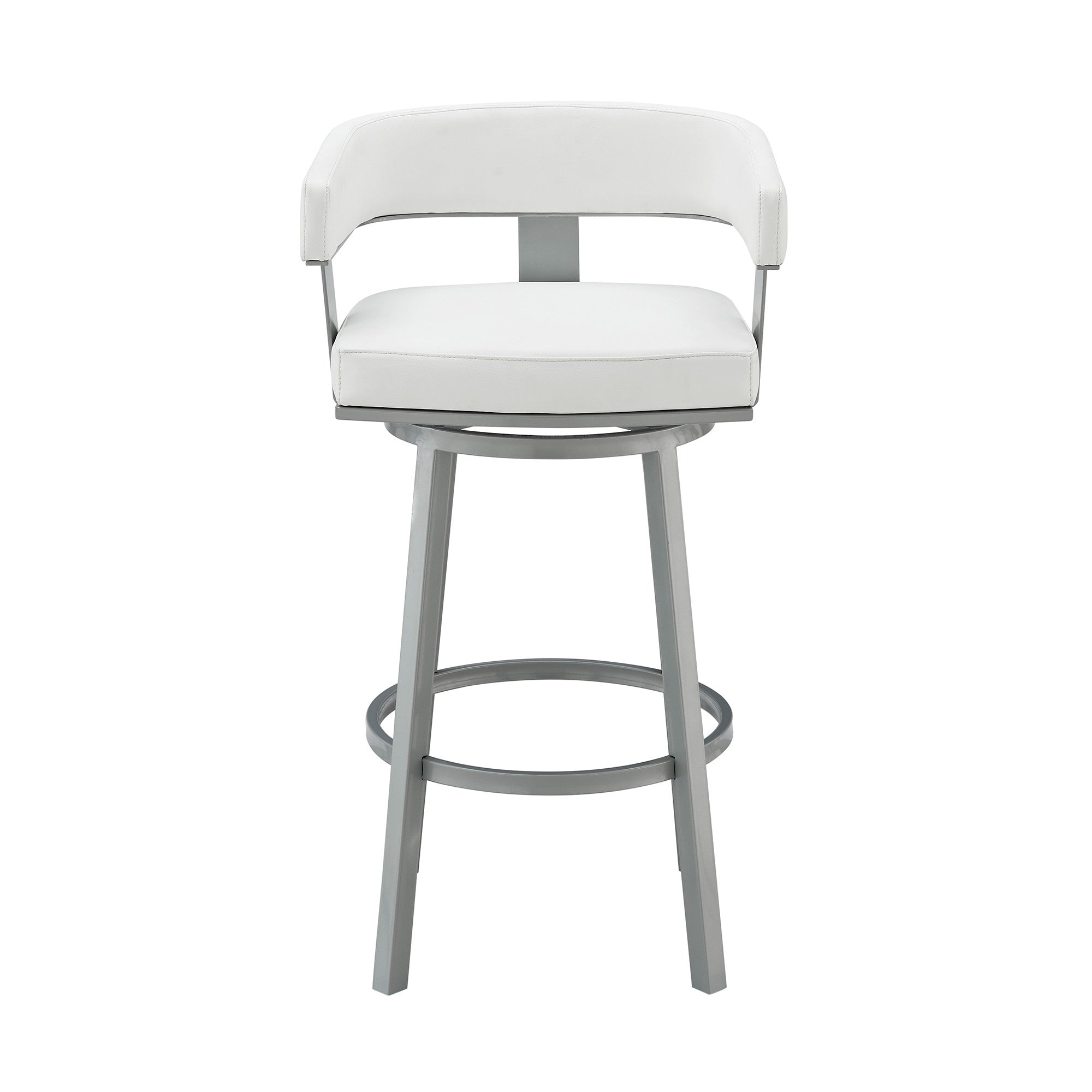 26" White And Gray Faux Leather And Fabric And Iron Low Back Counter Height Swivel Bar Chair