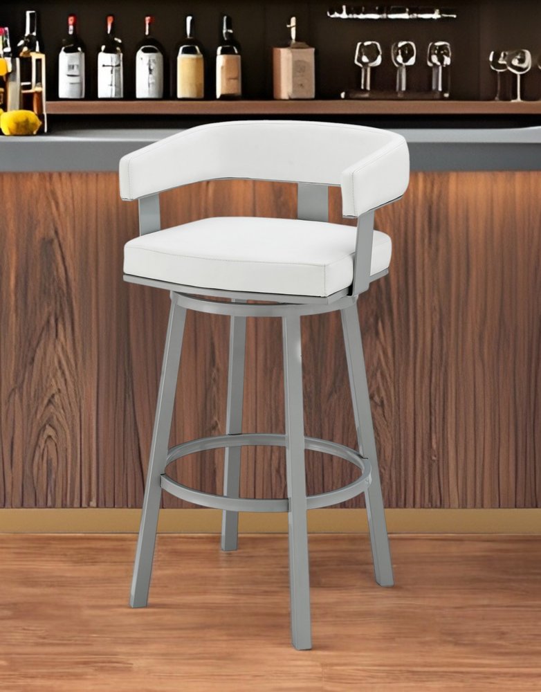 26" White and Gray Faux Leather and Iron Low Back Counter Height Swivel Bar Chair