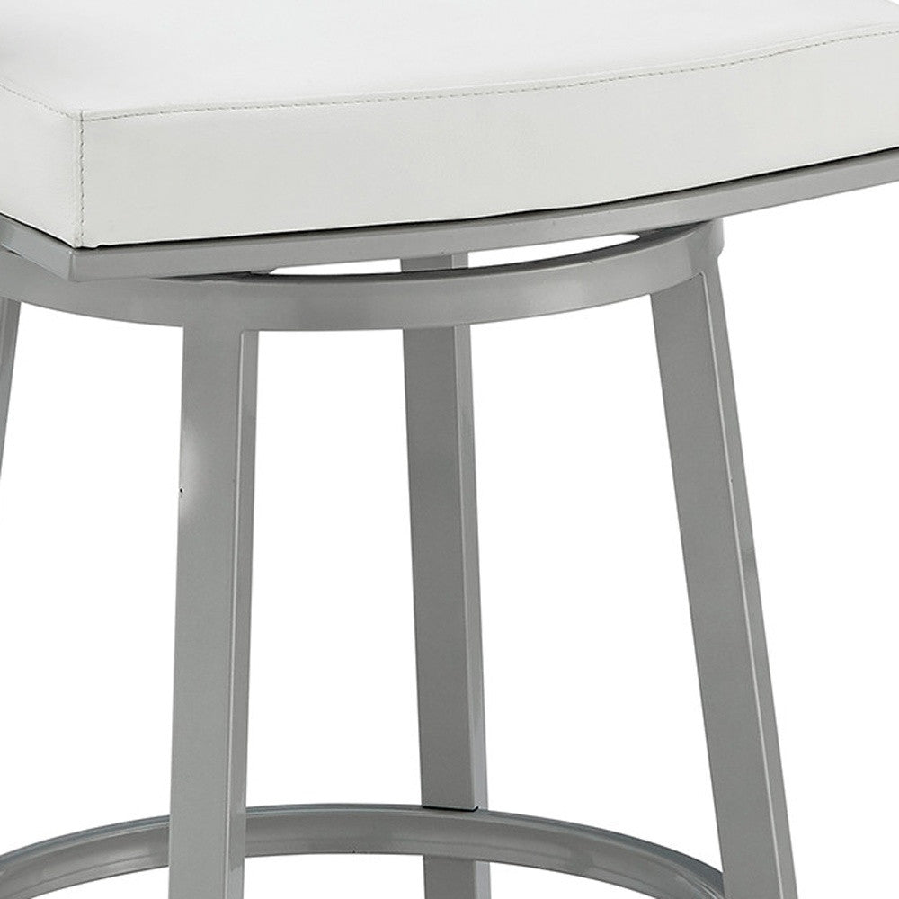 26" White And Gray Faux Leather And Fabric And Iron Low Back Counter Height Swivel Bar Chair