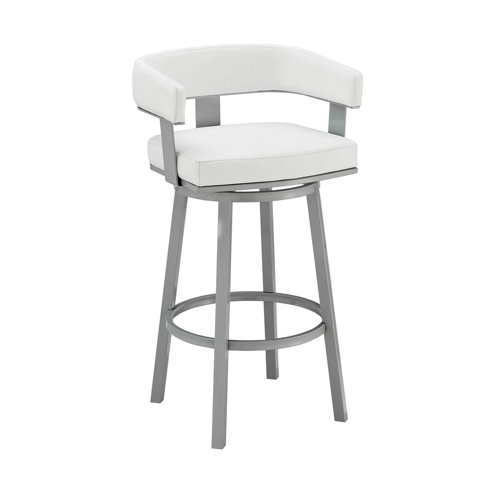 30" White And Gray Faux Leather And Fabric And Iron Low Back Bar Height Swivel Bar Chair