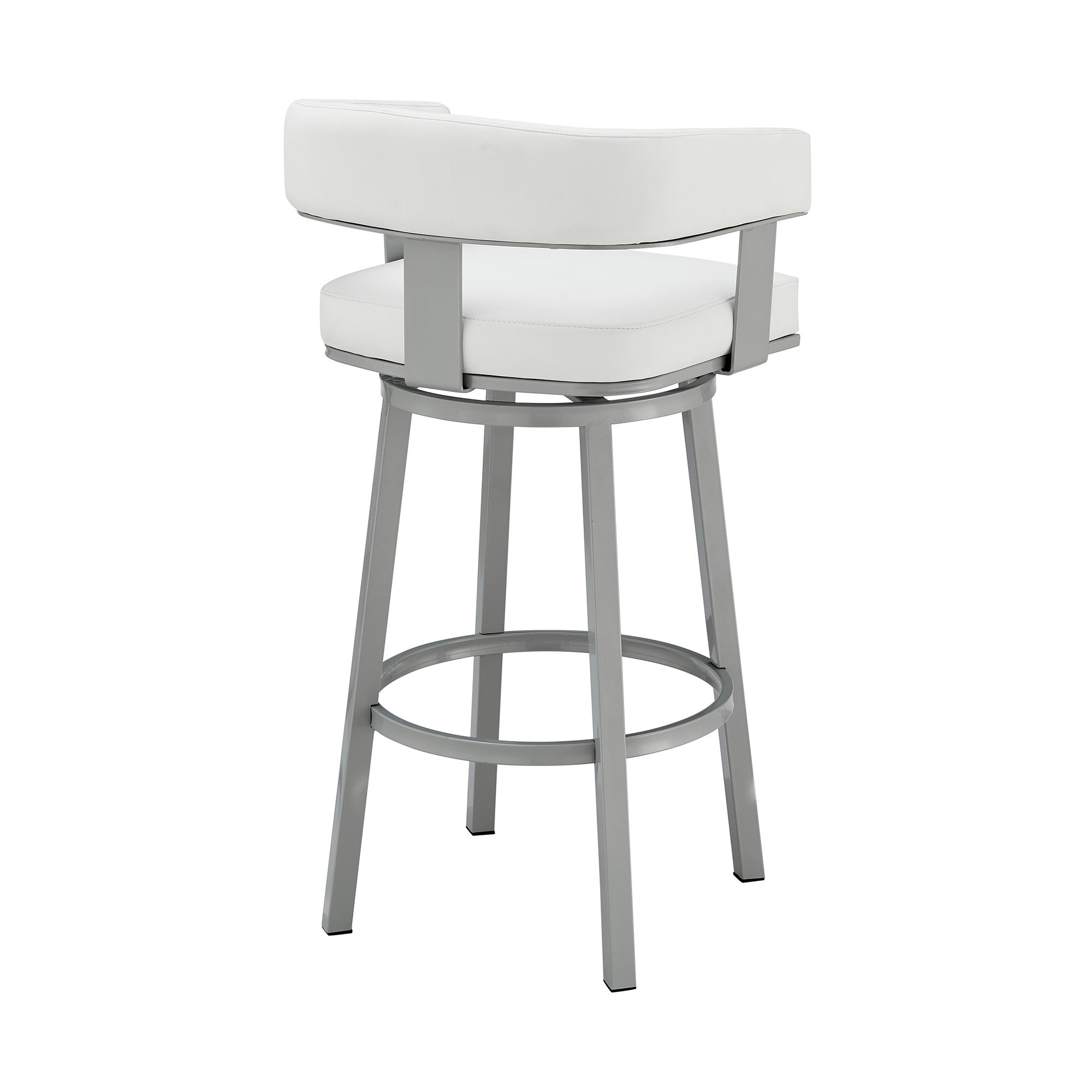 30" White And Gray Faux Leather And Fabric And Iron Low Back Bar Height Swivel Bar Chair