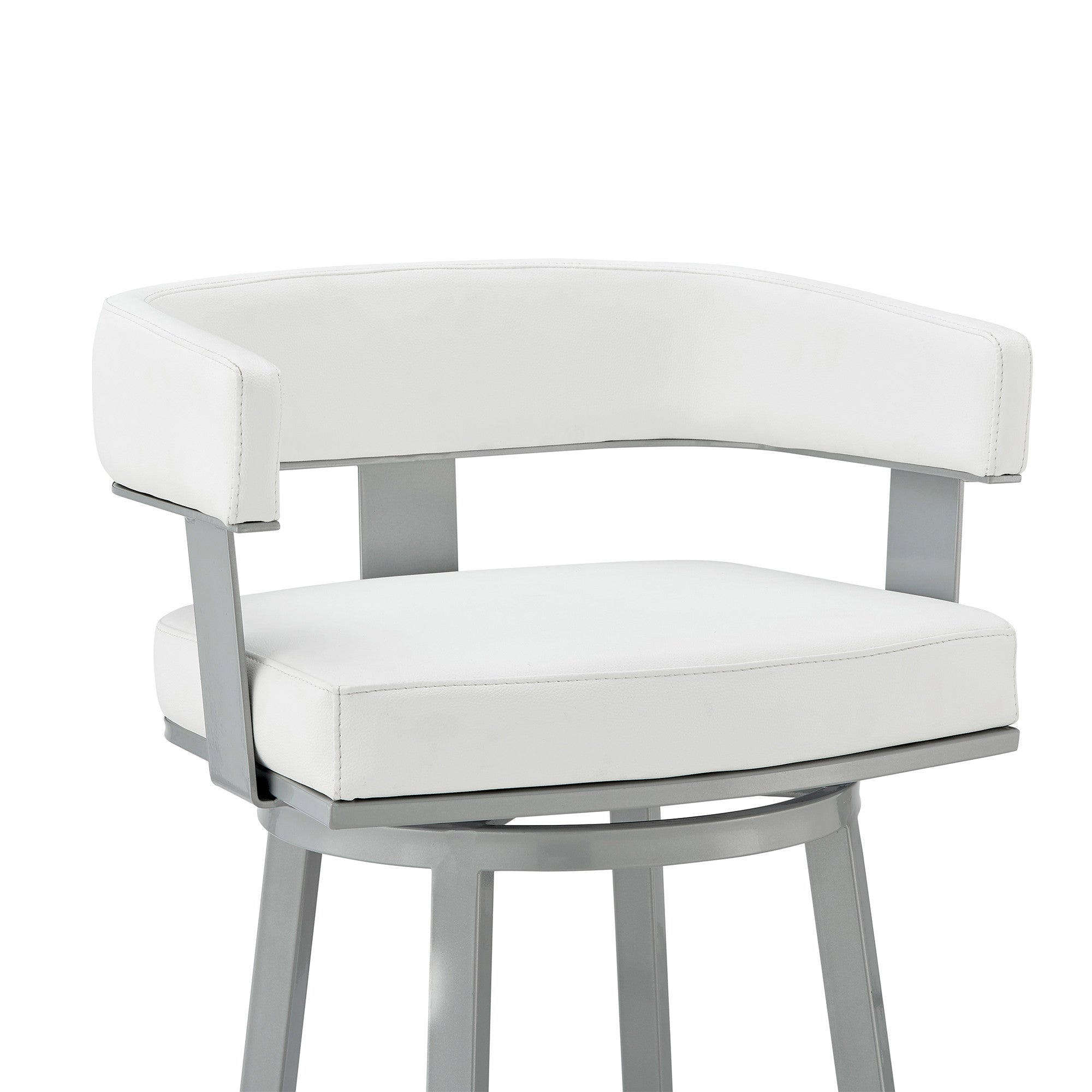 30" White And Gray Faux Leather And Fabric And Iron Low Back Bar Height Swivel Bar Chair