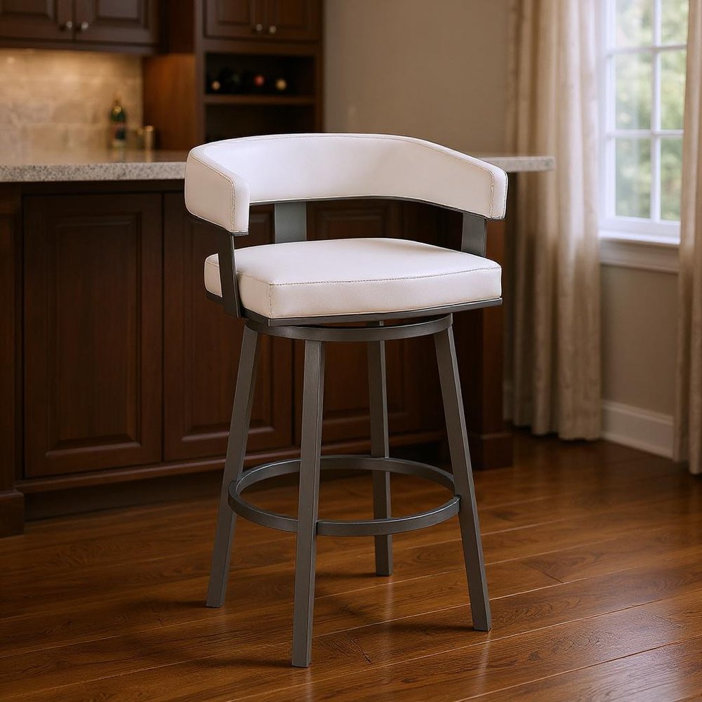 30" White And Gray Faux Leather And Fabric And Iron Low Back Bar Height Swivel Bar Chair