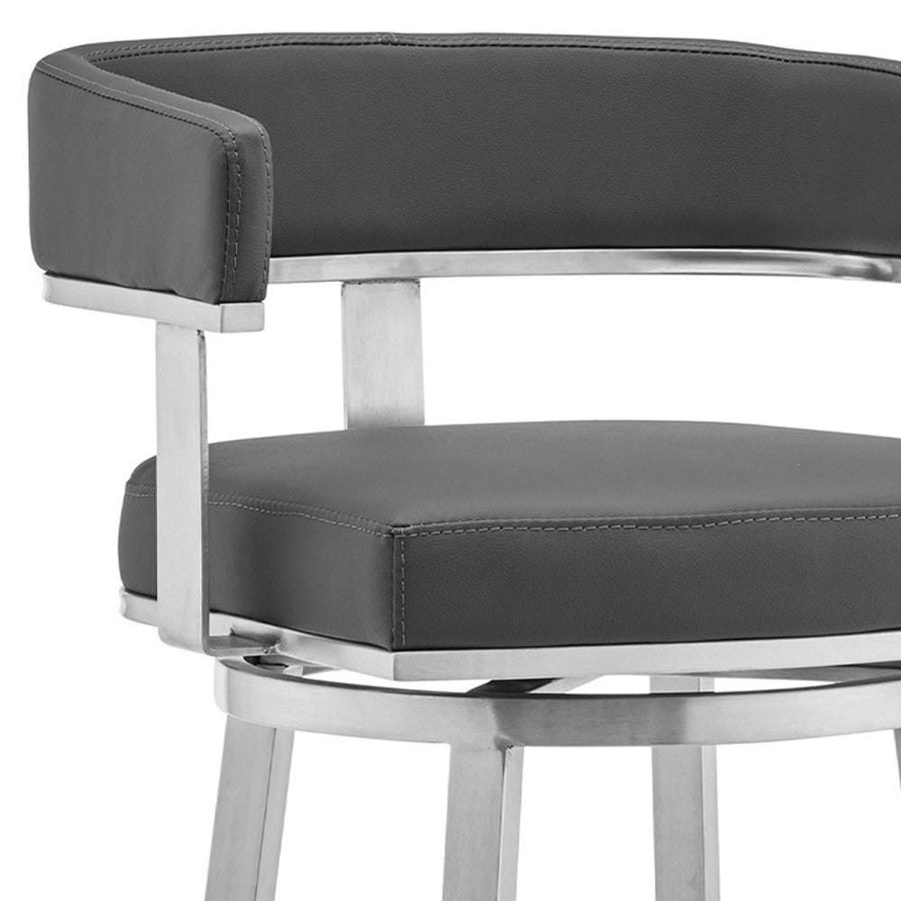 26" Gray And Silver Faux Leather And Fabric And Iron Low Back Counter Height Swivel Bar Chair