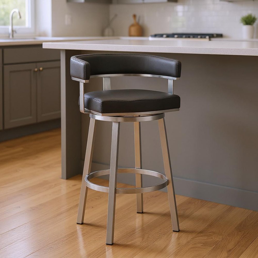 26" Gray And Silver Faux Leather And Iron Swivel Low Back Counter Height Bar Chair