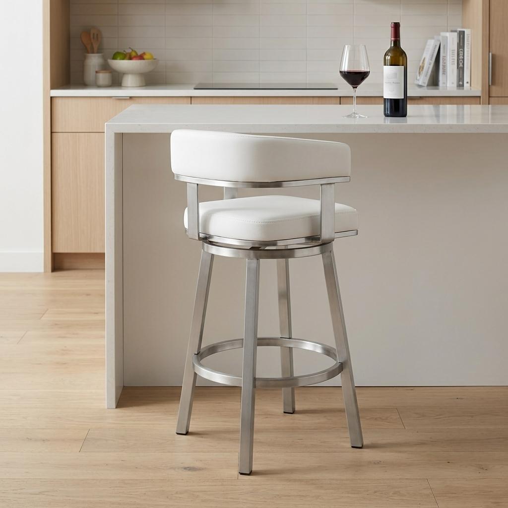 26" White And Silver Faux Leather And Fabric And Steel Low Back Counter Height Swivel Bar Chair