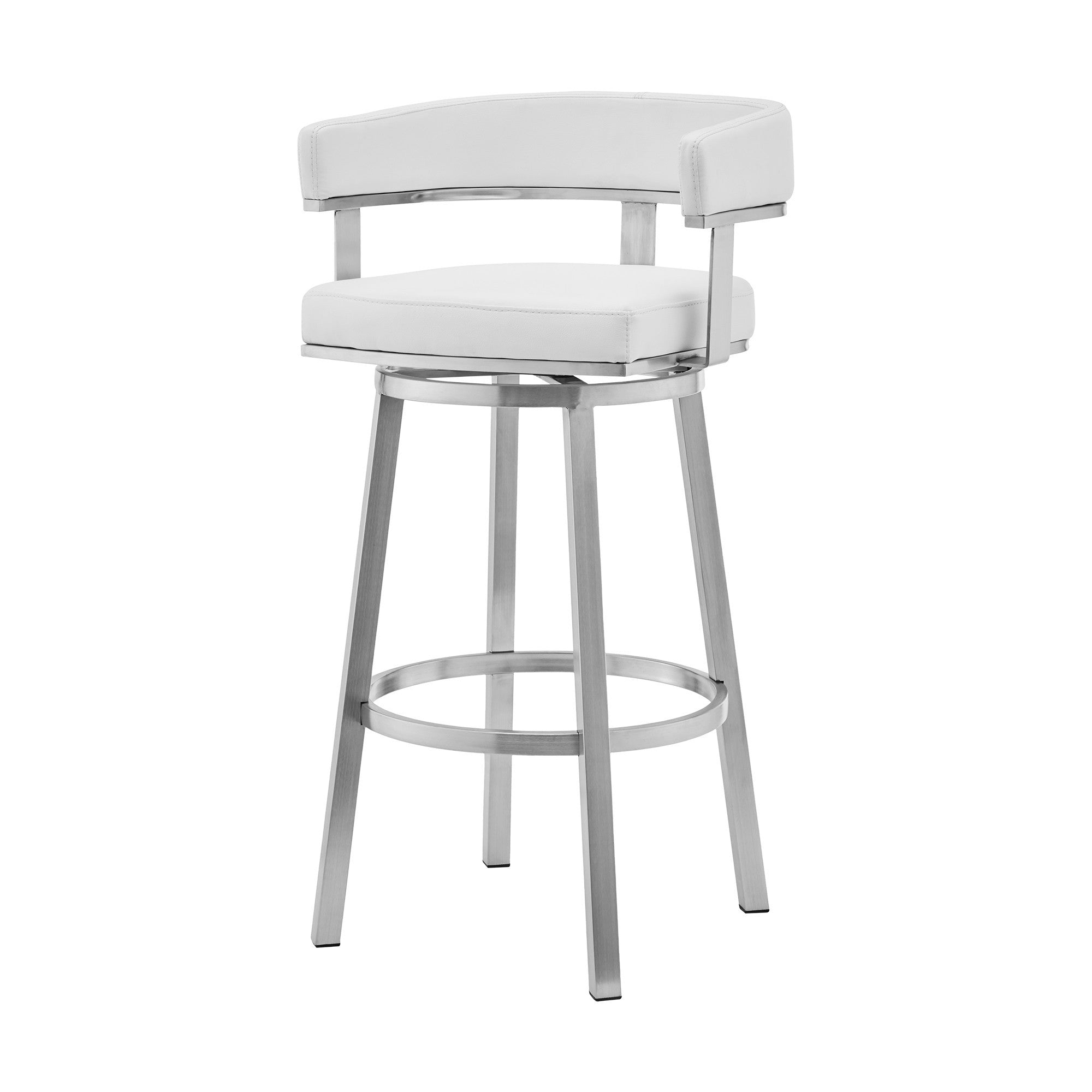 26" White And Silver Faux Leather And Fabric And Steel Low Back Counter Height Swivel Bar Chair