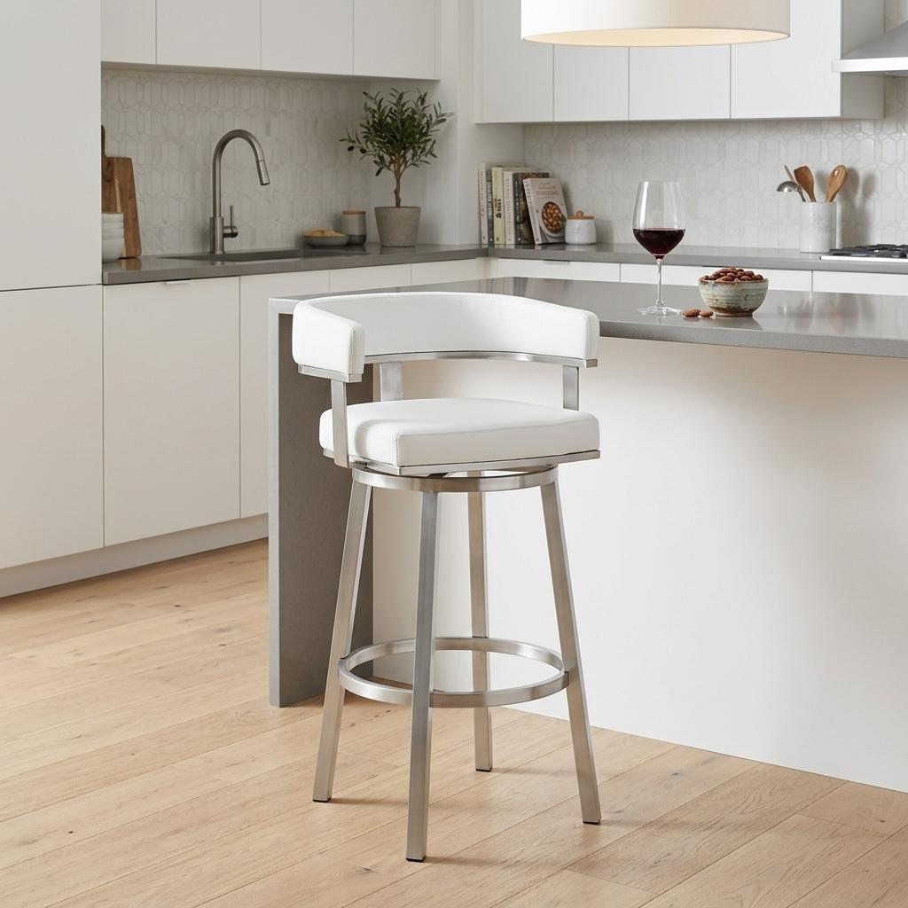 26" White And Silver Faux Leather And Fabric And Steel Low Back Counter Height Swivel Bar Chair