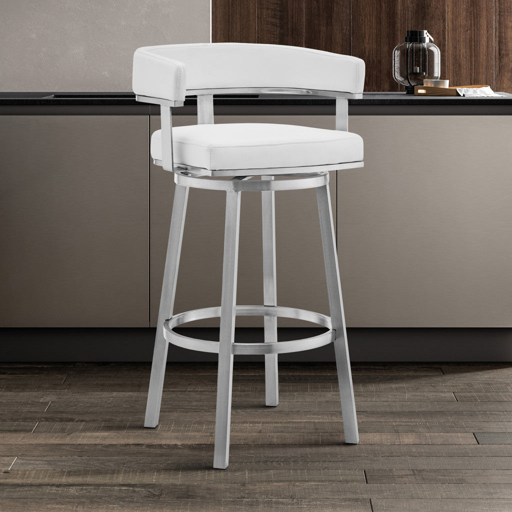 26" White And Silver Faux Leather And Fabric And Steel Low Back Counter Height Swivel Bar Chair