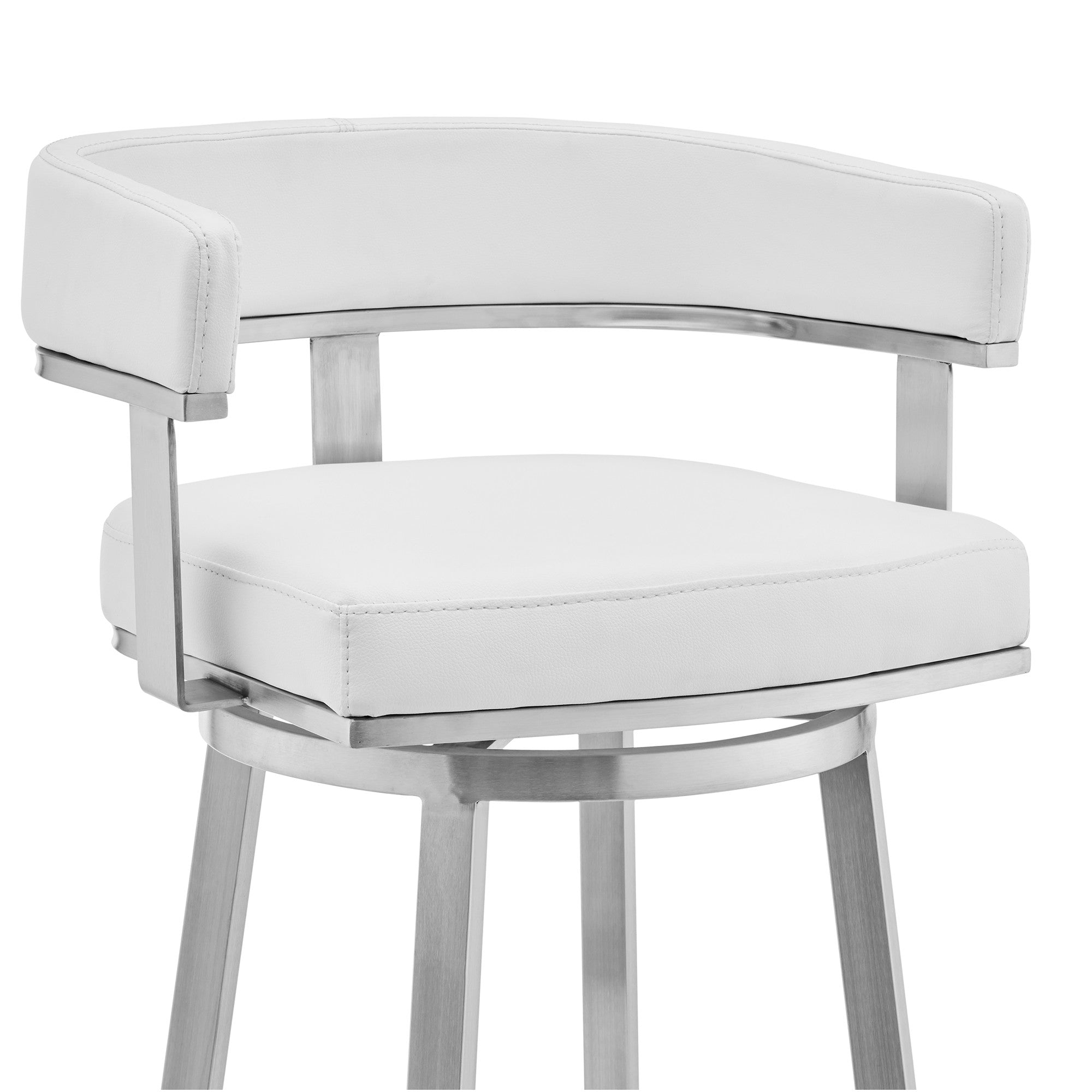 26" White And Silver Faux Leather And Fabric And Steel Low Back Counter Height Swivel Bar Chair