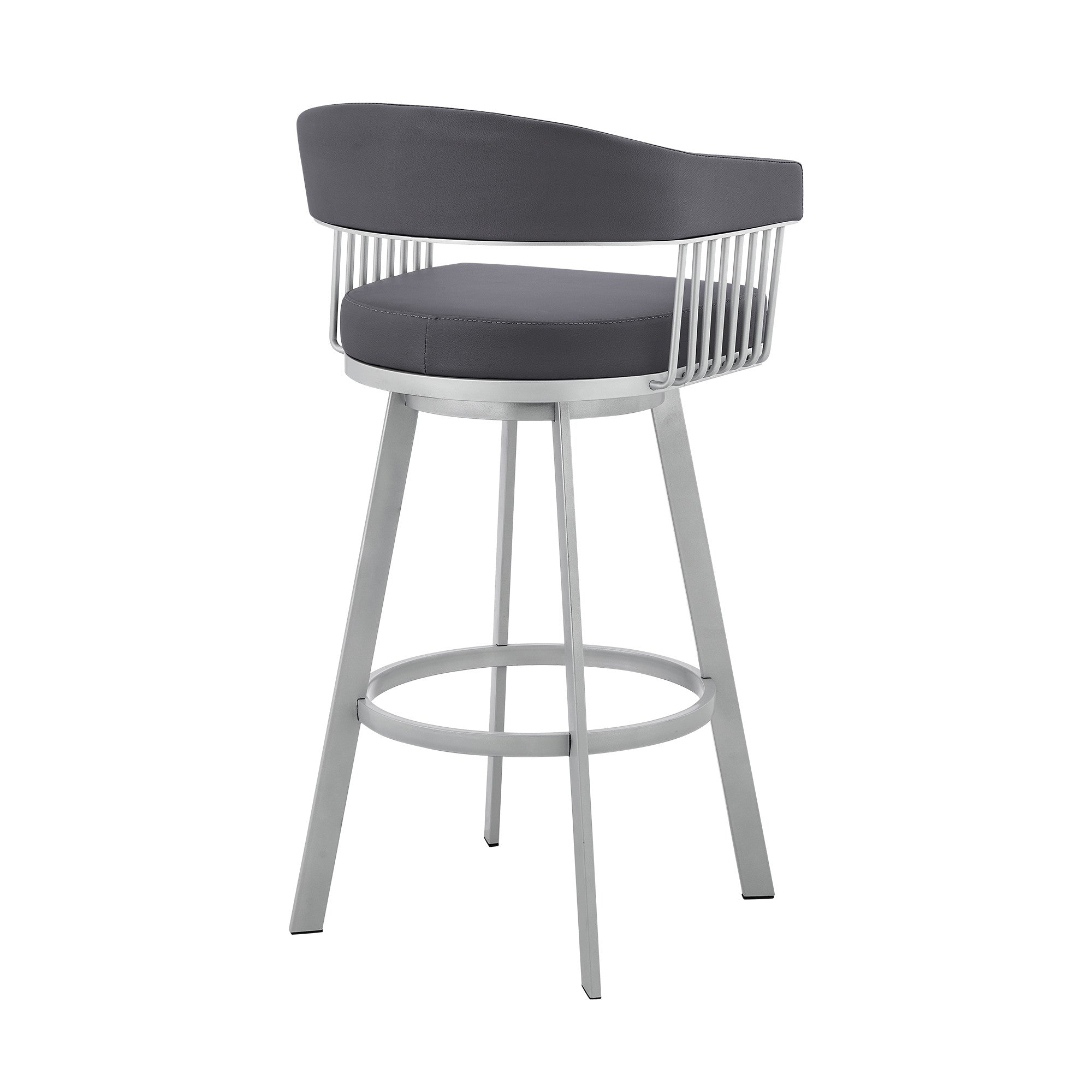 29" Slate Gray And Silver Fabric And Iron Low Back Bar Height Swivel Bar Chair