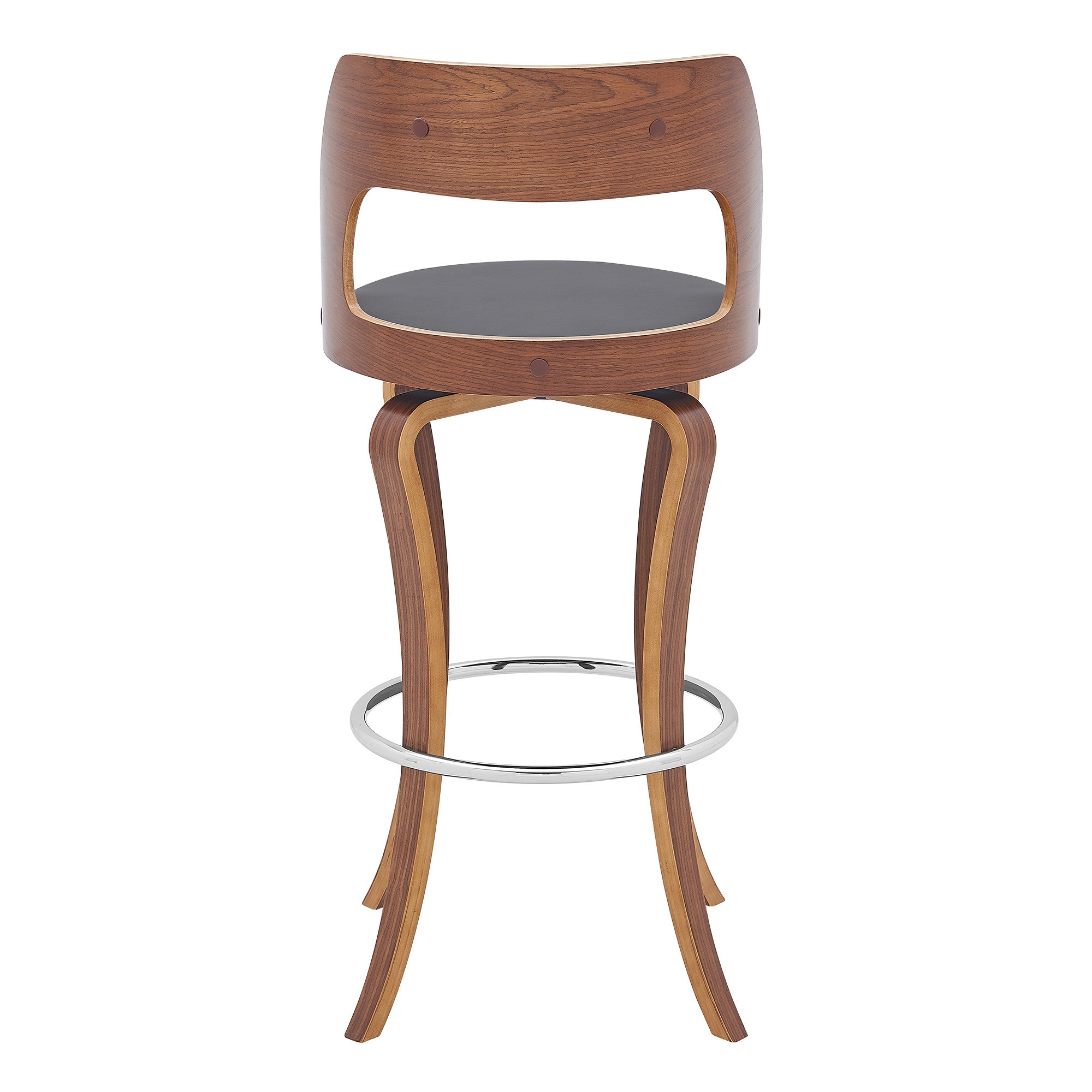 29" Gray And Brown Faux Leather And Fabric And Wood Bar Height Swivel Bar Chair