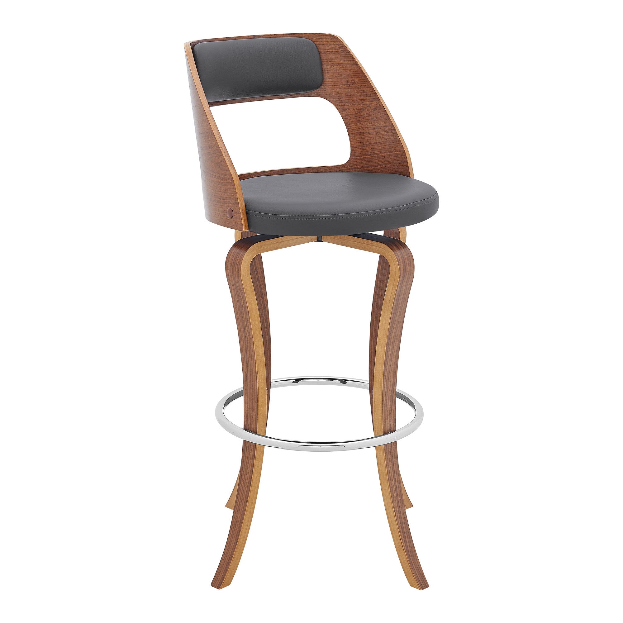 29" Gray And Brown Faux Leather And Fabric And Wood Bar Height Swivel Bar Chair