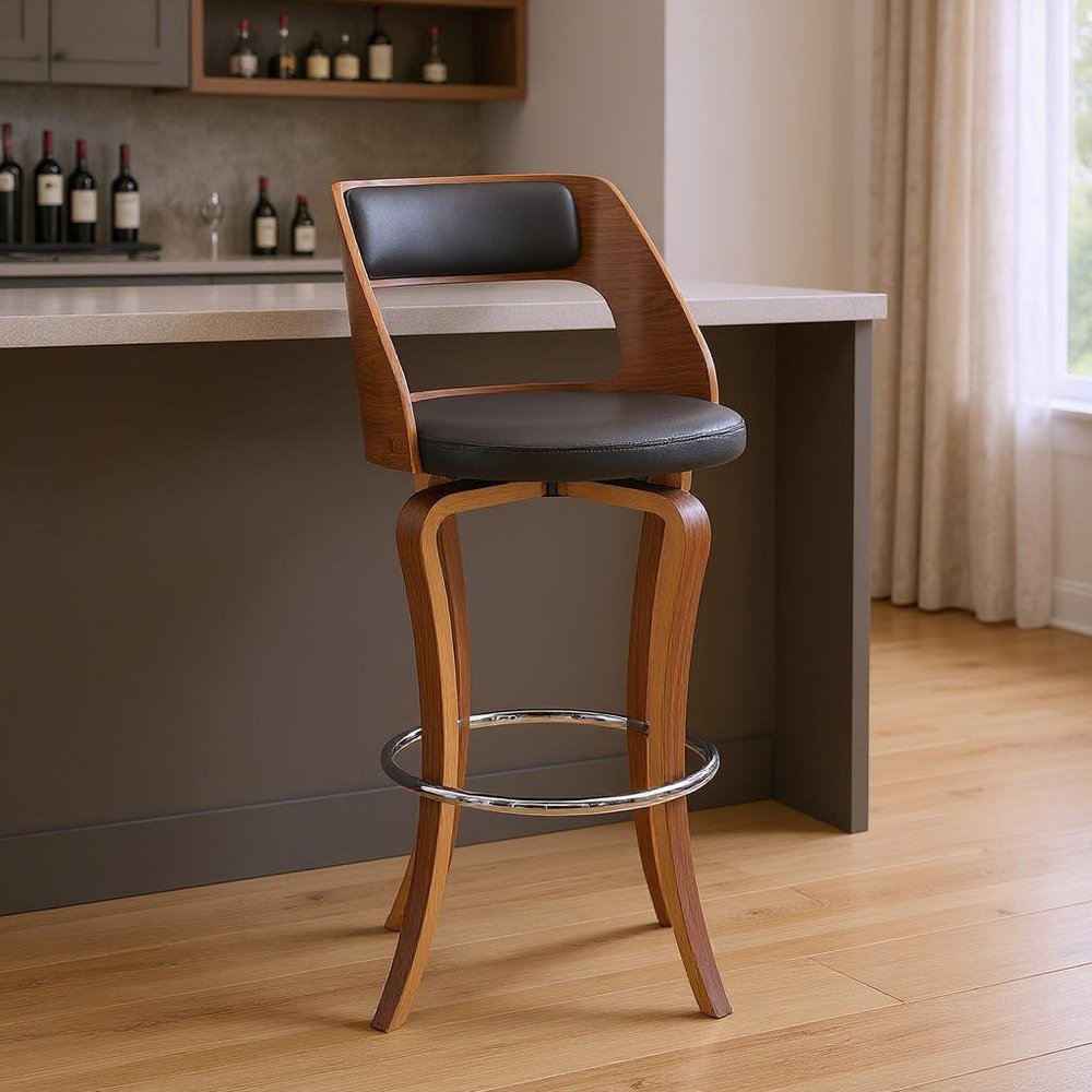29" Gray And Brown Faux Leather Swivel Bar Height Bar Chair