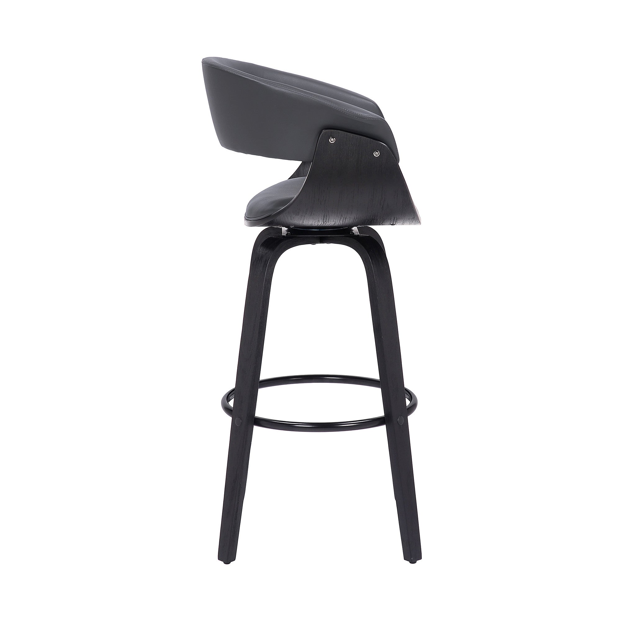 27" Gray And Black Faux Leather And Fabric And Solid Wood Low Back Counter Height Swivel Bar Chair