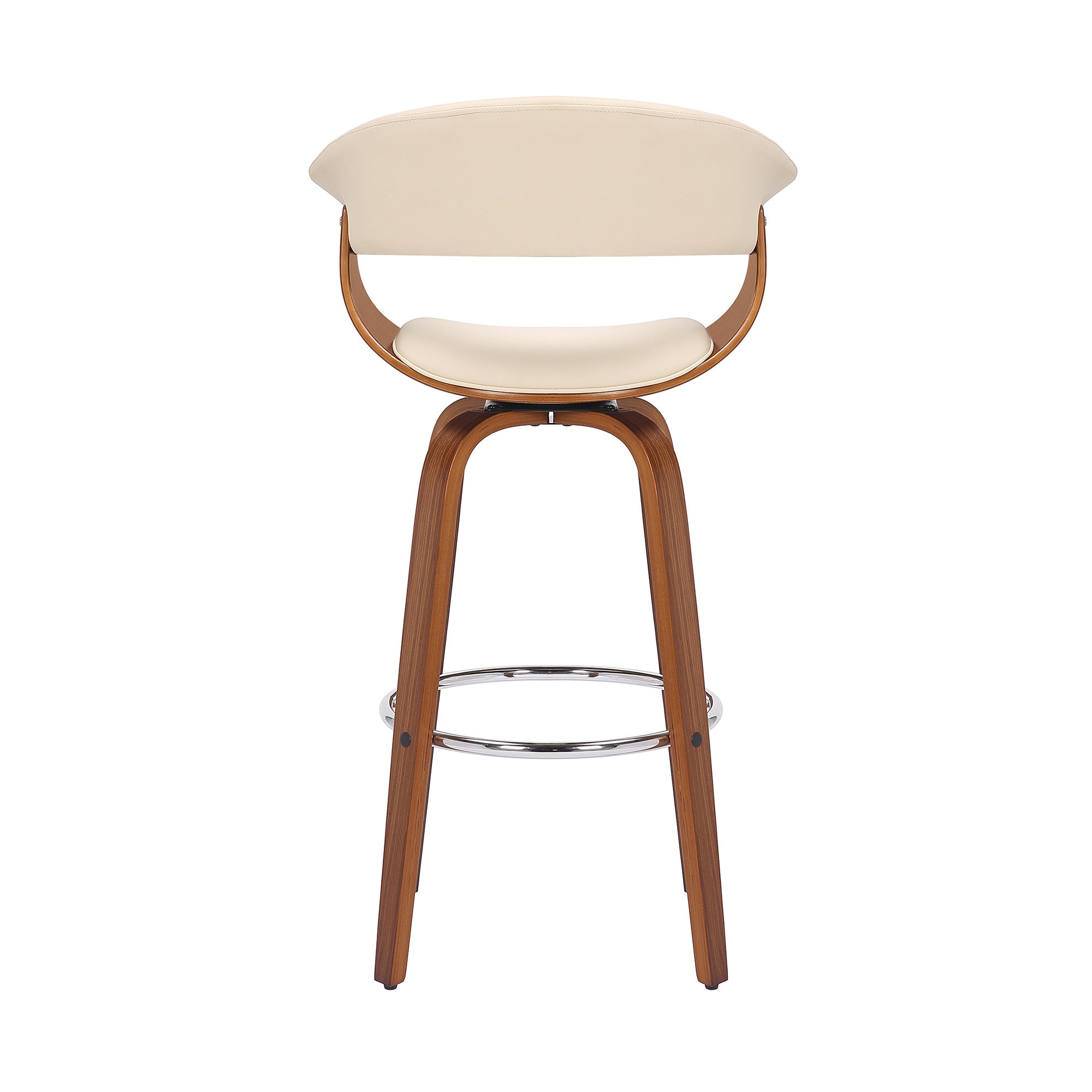 31" Cream And Brown Faux Leather And Fabric And Solid Wood Low Back Bar Height Swivel Bar Chair