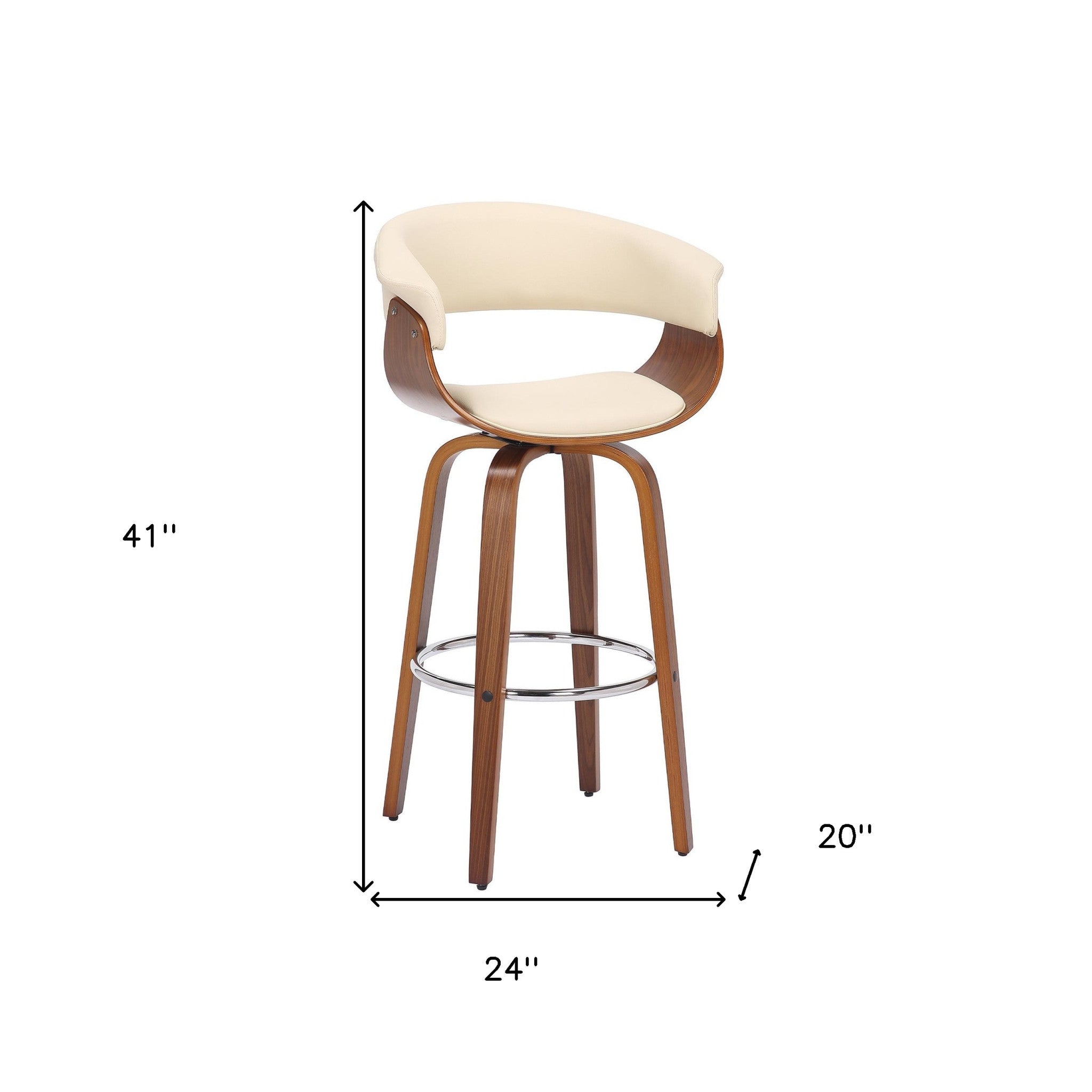 31" Cream And Brown Faux Leather And Fabric And Solid Wood Low Back Bar Height Swivel Bar Chair