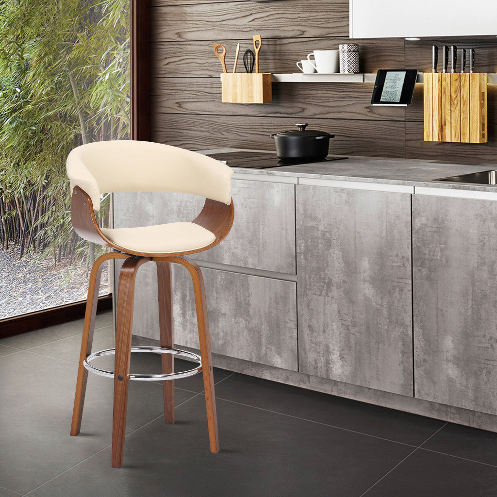 31" Cream And Brown Faux Leather And Fabric And Solid Wood Low Back Bar Height Swivel Bar Chair