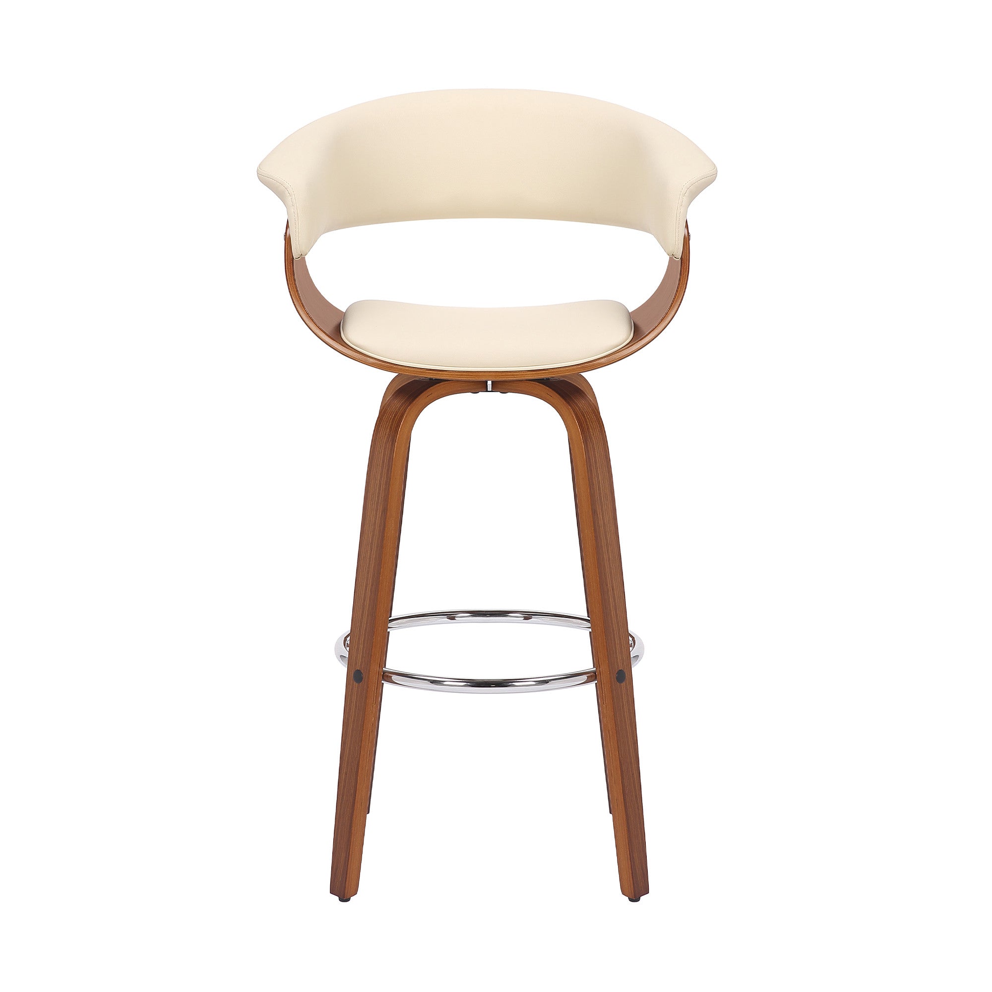 31" Cream And Brown Faux Leather And Fabric And Solid Wood Low Back Bar Height Swivel Bar Chair