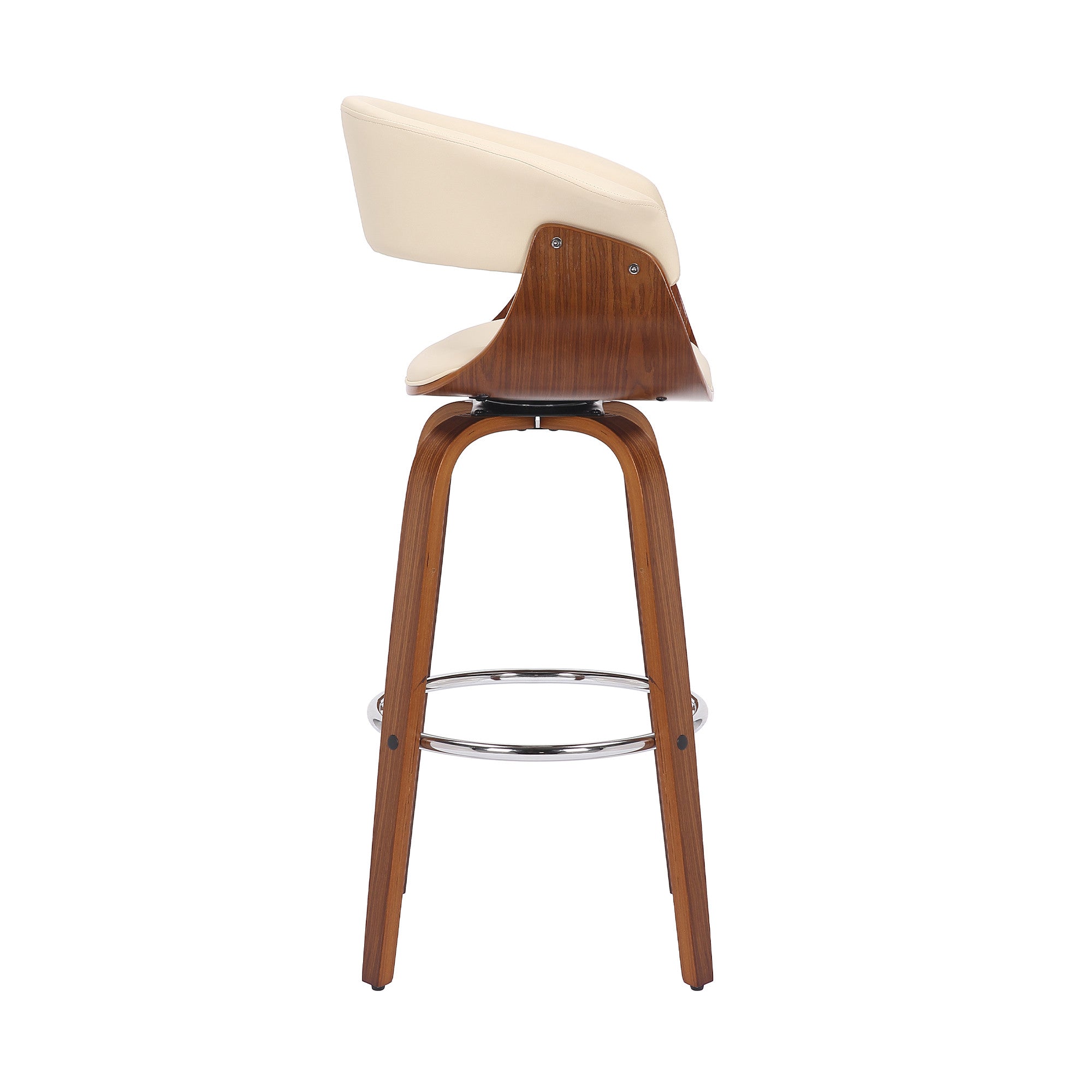 31" Cream And Brown Faux Leather And Fabric And Solid Wood Low Back Bar Height Swivel Bar Chair