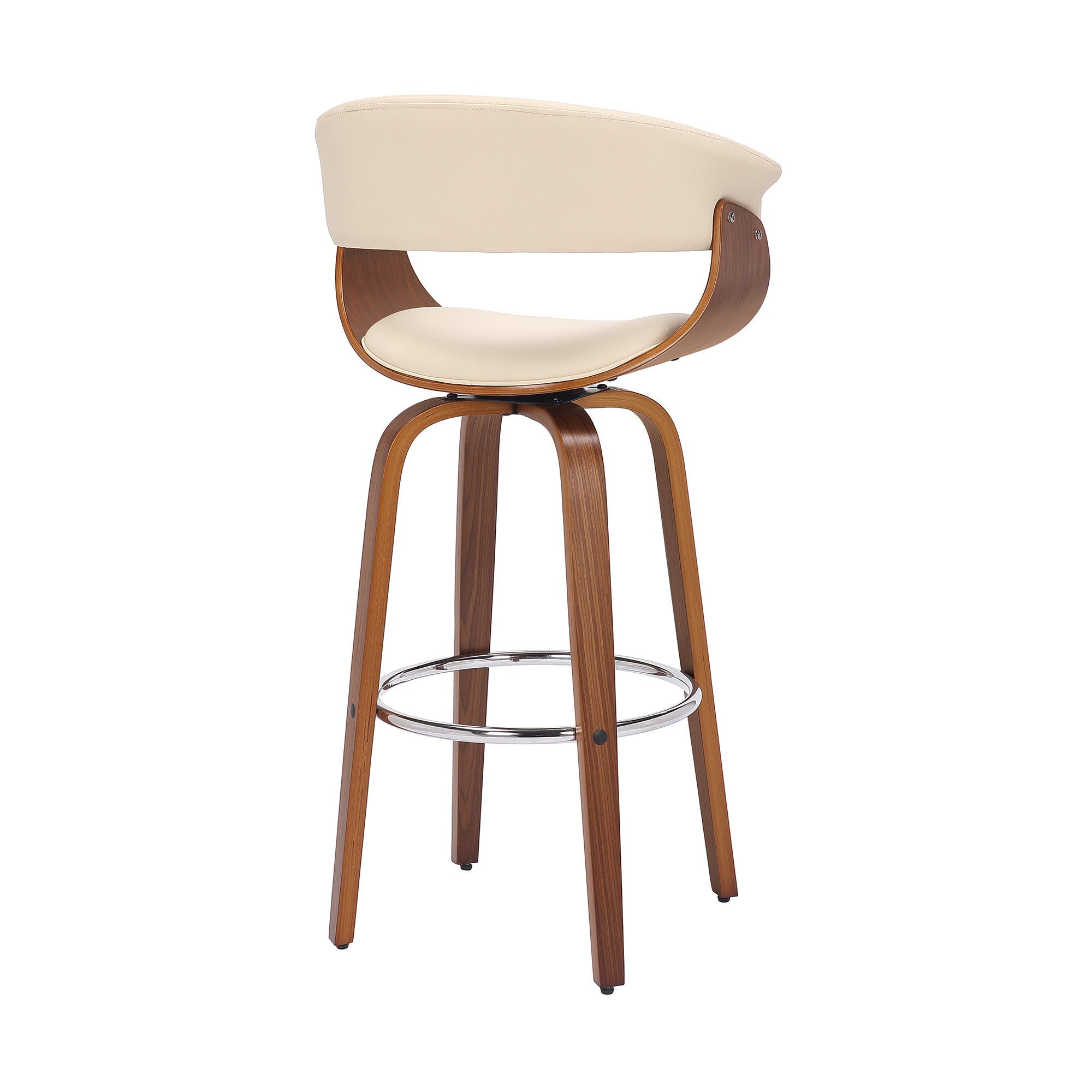 31" Cream And Brown Faux Leather And Fabric And Solid Wood Low Back Bar Height Swivel Bar Chair
