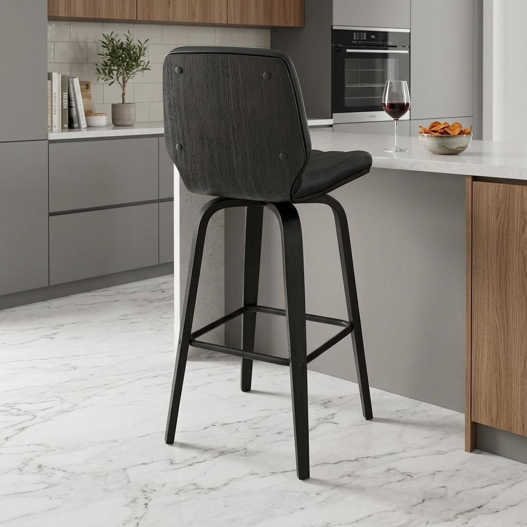 27" Gray And Black Faux Leather And Fabric And Iron Counter Height Swivel Bar Chair