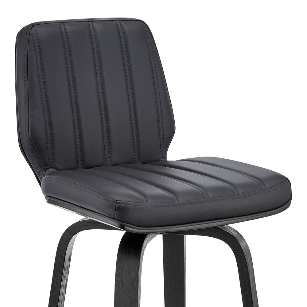 31" Gray And Black Faux Leather And Fabric And Iron Bar Height Swivel Bar Chair