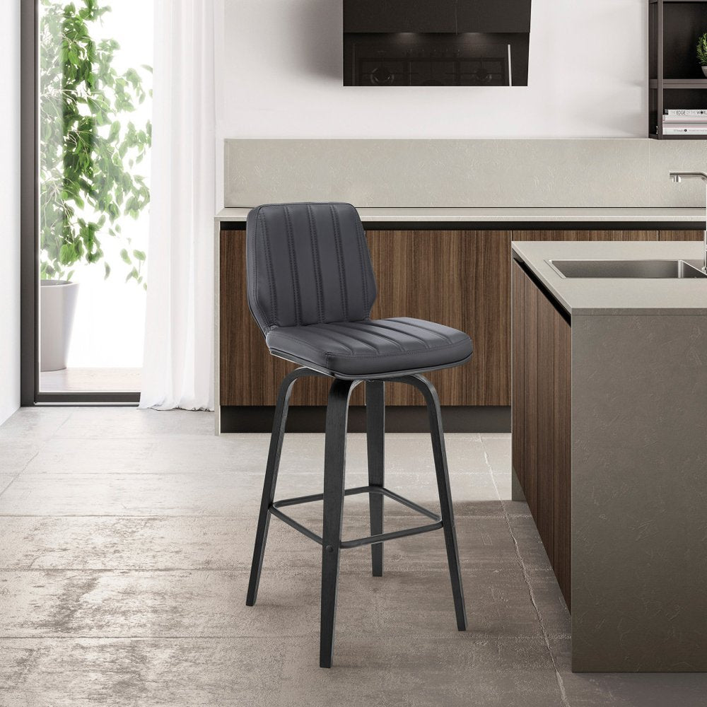 31" Gray And Black Faux Leather And Fabric And Iron Bar Height Swivel Bar Chair
