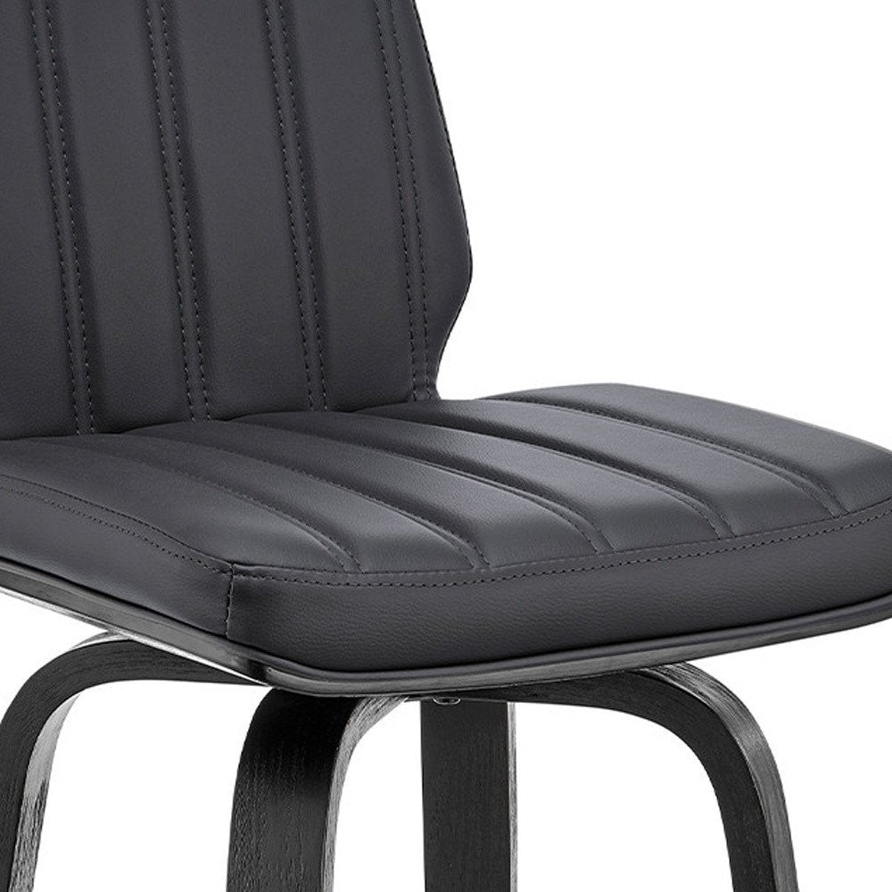 31" Gray And Black Faux Leather And Fabric And Iron Bar Height Swivel Bar Chair