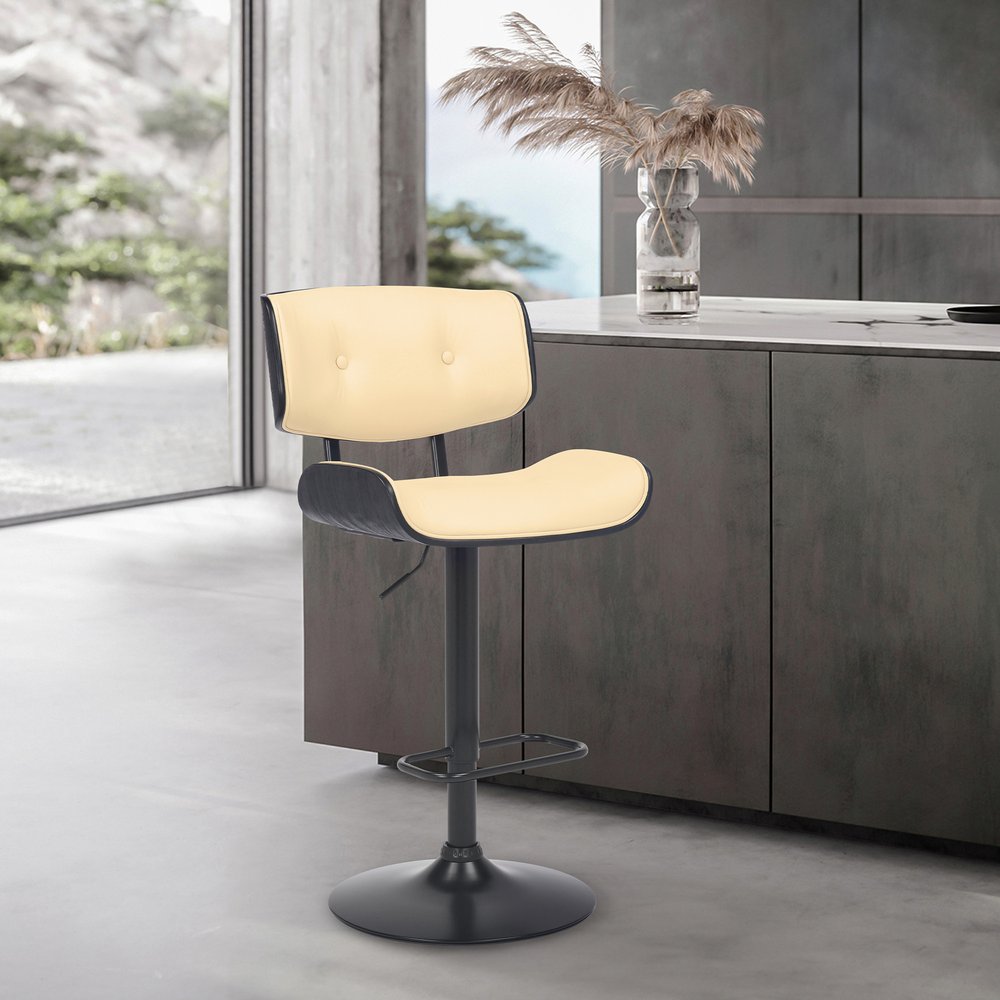 Cream And Black Fabric And Iron Adjustable Height Swivel Bar Chair