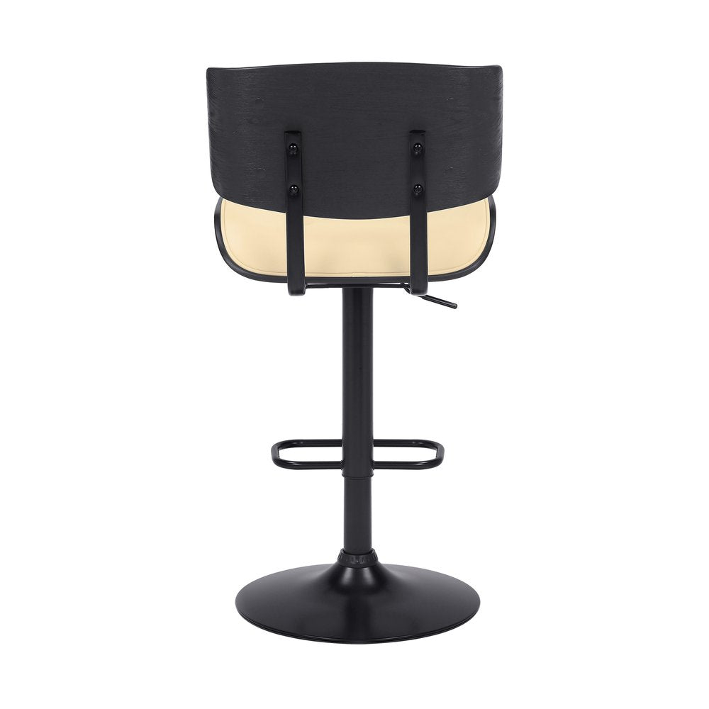Cream And Black Fabric And Iron Adjustable Height Swivel Bar Chair