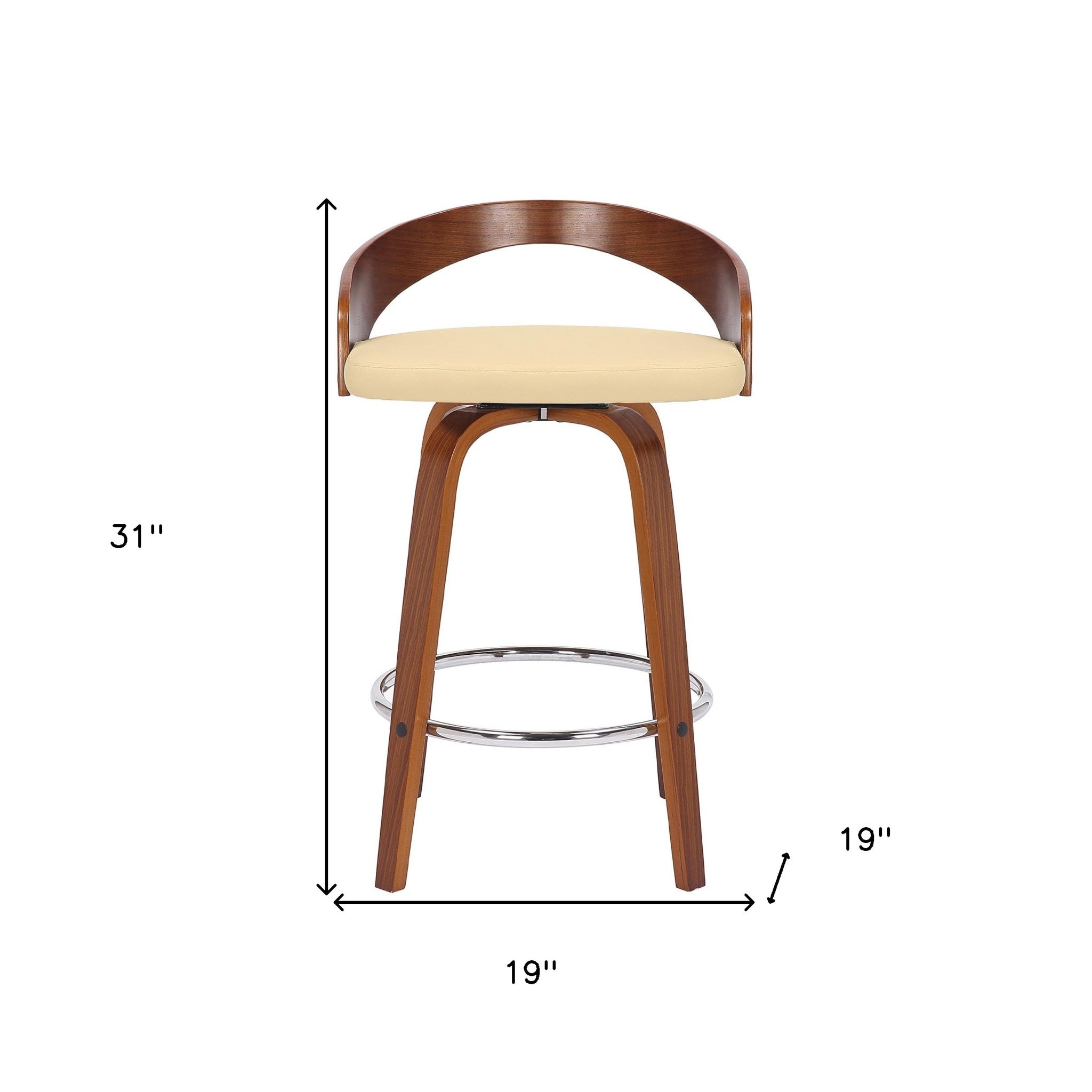 26" Cream And Brown Faux Leather And Fabric And Solid Wood Low Back Counter Height Swivel Bar Chair