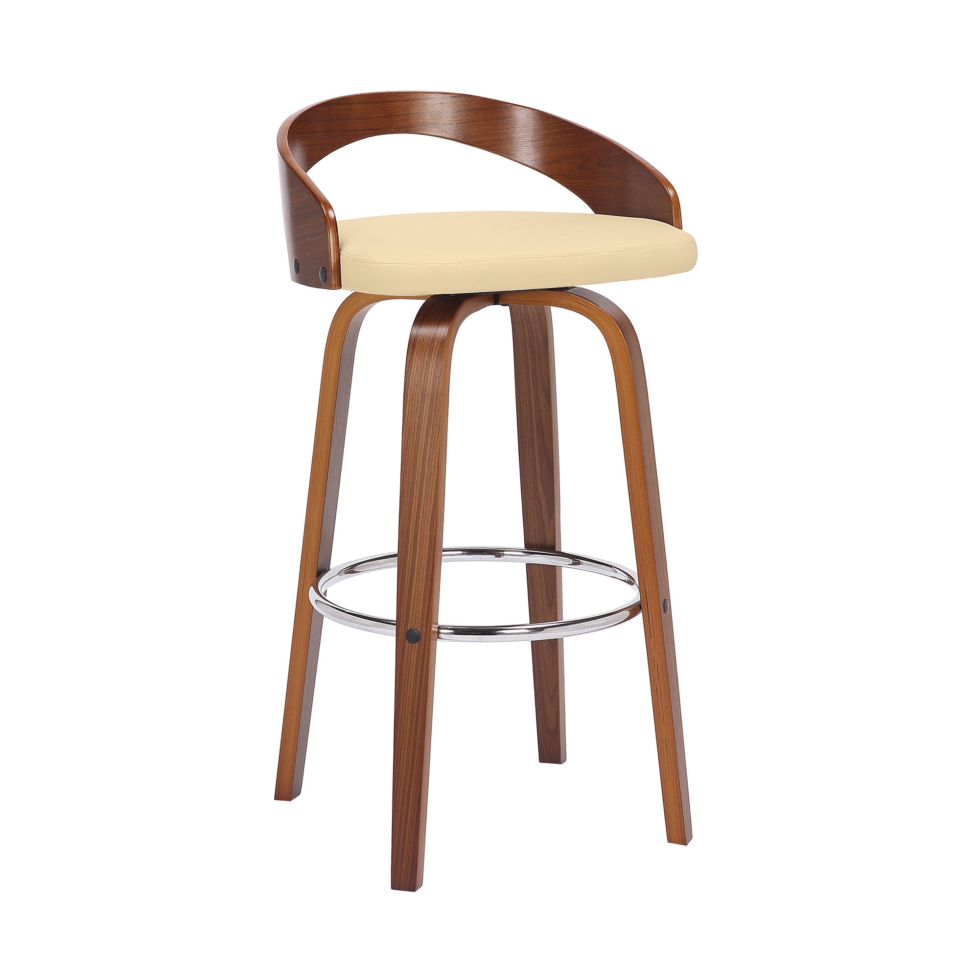 30" Cream And Brown Faux Leather And Fabric And Solid Wood Low Back Bar Height Swivel Bar Chair