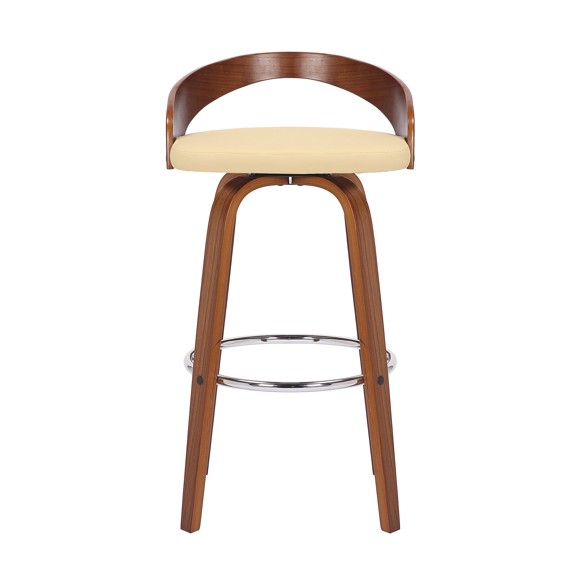 30" Cream And Brown Faux Leather And Fabric And Solid Wood Low Back Bar Height Swivel Bar Chair